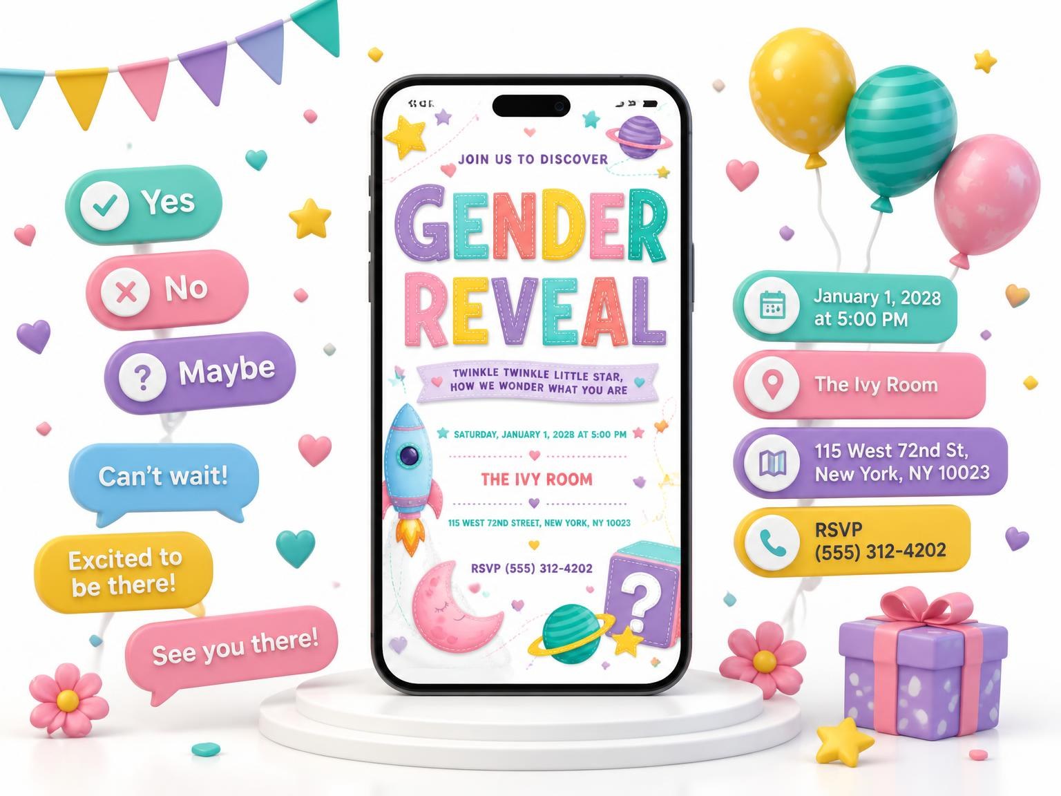 The Rocket Ship Gender Reveal Invitation invitation on a phone, with guest RSVPs arriving around it