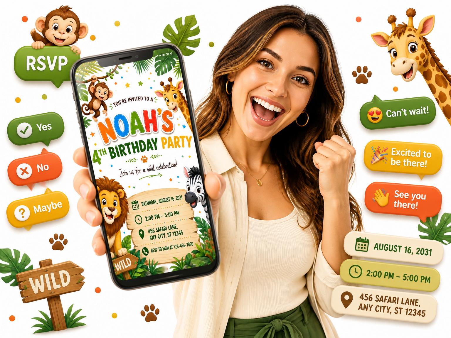 The Wild Safari Adventure 4th Birthday Invitation invitation on a phone, with guest RSVPs arriving around it