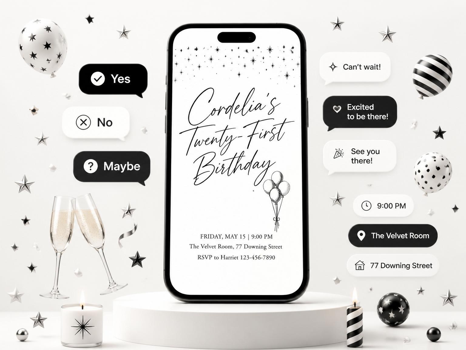 The Black and White Stars 21st Birthday invitation on a phone, with guest RSVPs arriving around it