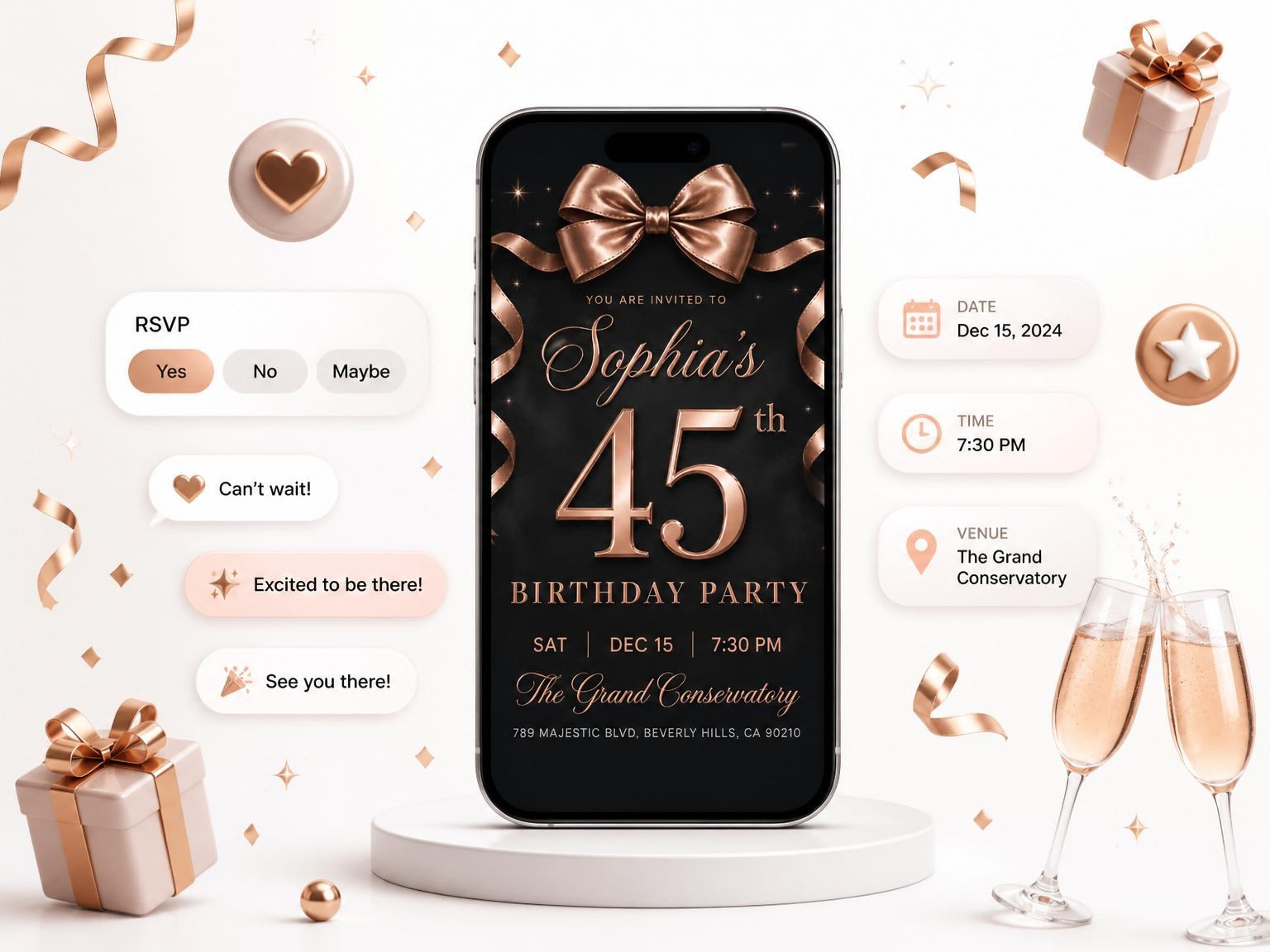 The Rose Gold Bow 45th Birthday Invitation invitation on a phone, with guest RSVPs arriving around it