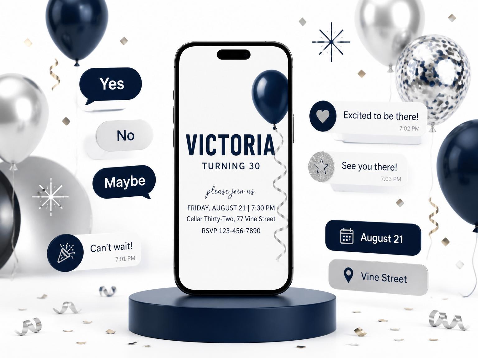 The Navy Balloon Silver Ribbon 30th Birthday invitation on a phone, with guest RSVPs arriving around it