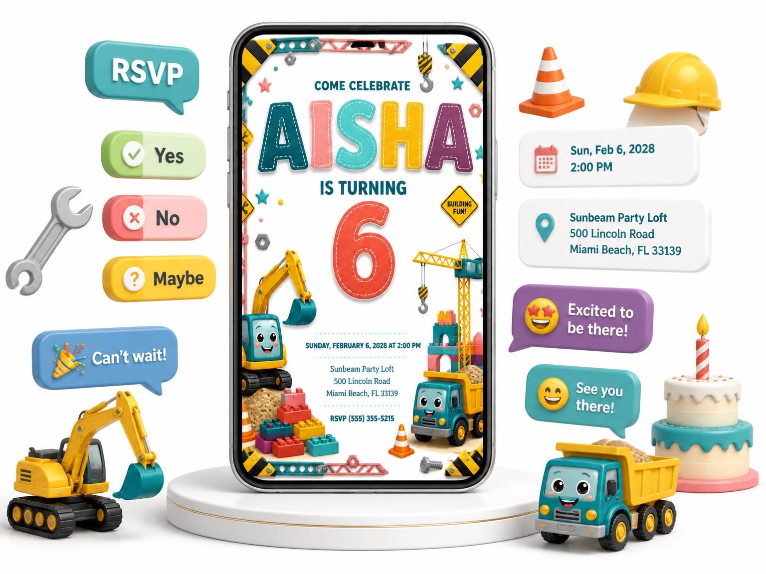 The Stitched Construction 6th Birthday Invitation invitation on a phone, with guest RSVPs arriving around it