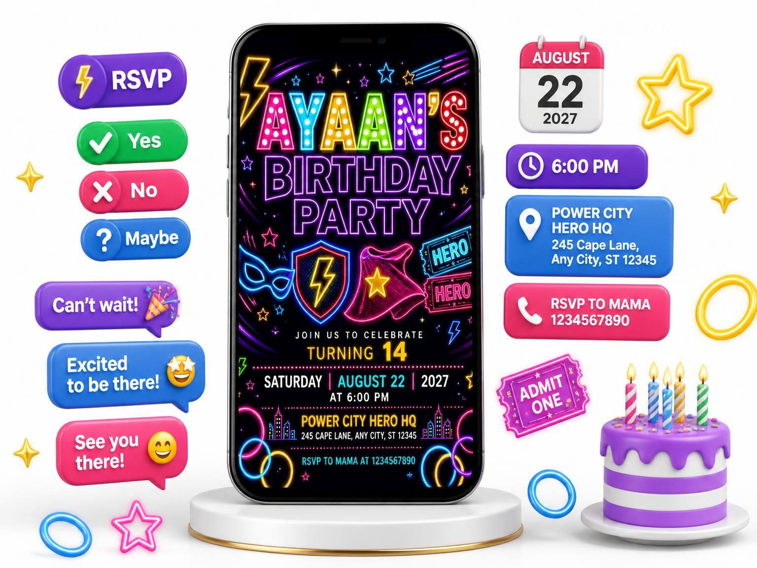 The Neon Superhero 14th Birthday Invitation invitation on a phone, with guest RSVPs arriving around it