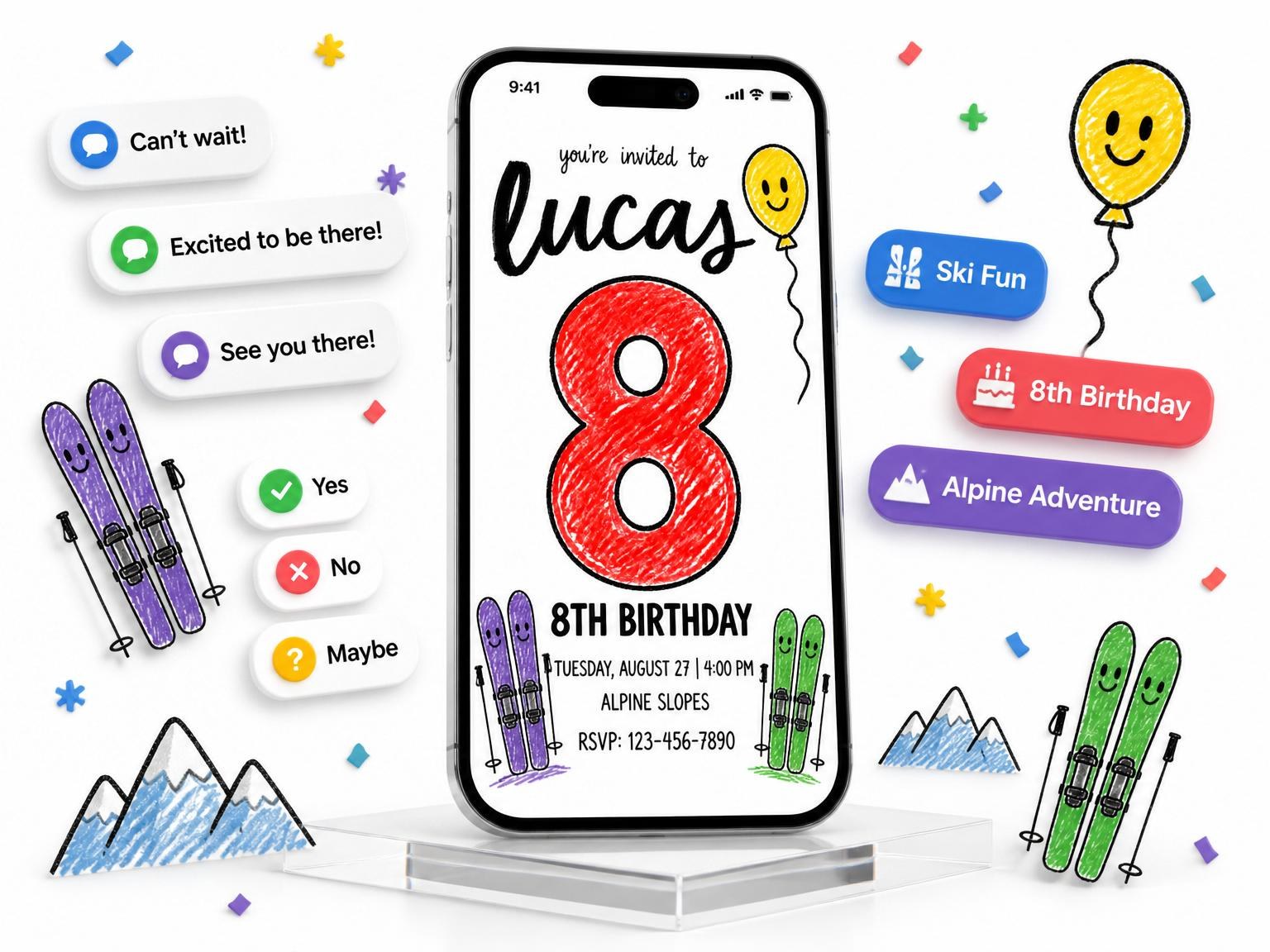 The Crayon Ski Winter 8th Birthday Invitation invitation on a phone, with guest RSVPs arriving around it