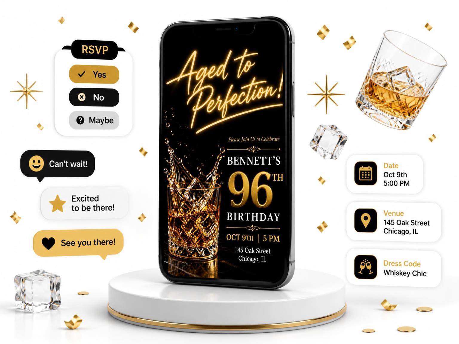 The Whiskey Glass 96th Birthday Invitation invitation on a phone, with guest RSVPs arriving around it