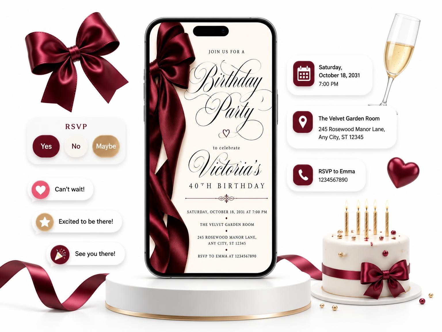 The Burgundy Satin Bow 40th Birthday Invitation invitation on a phone, with guest RSVPs arriving around it