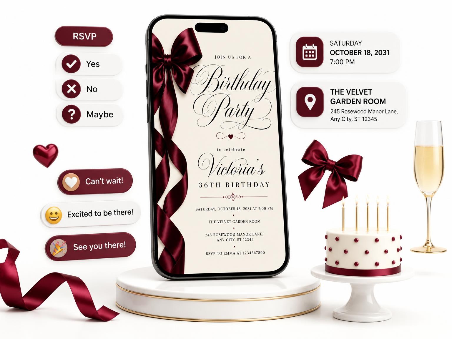 The Burgundy Satin Bow 36th Birthday Invitation invitation on a phone, with guest RSVPs arriving around it