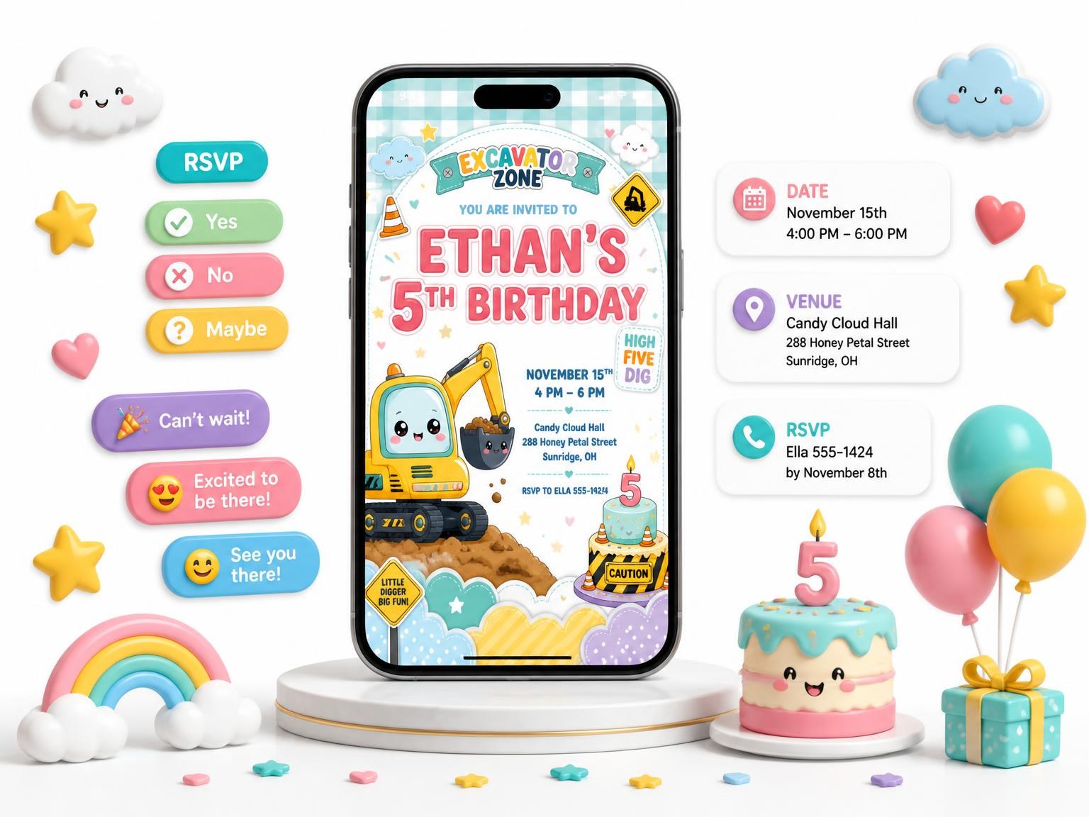 The Construction Cake 5th Birthday Invitation invitation on a phone, with guest RSVPs arriving around it
