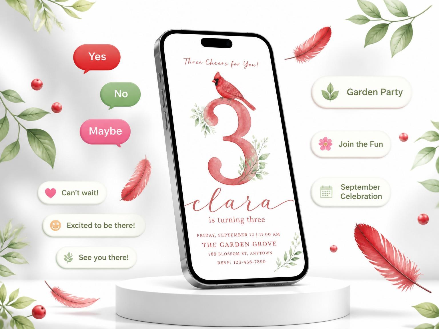 The Watercolor Cardinal Botanical 3rd Birthday invitation on a phone, with guest RSVPs arriving around it