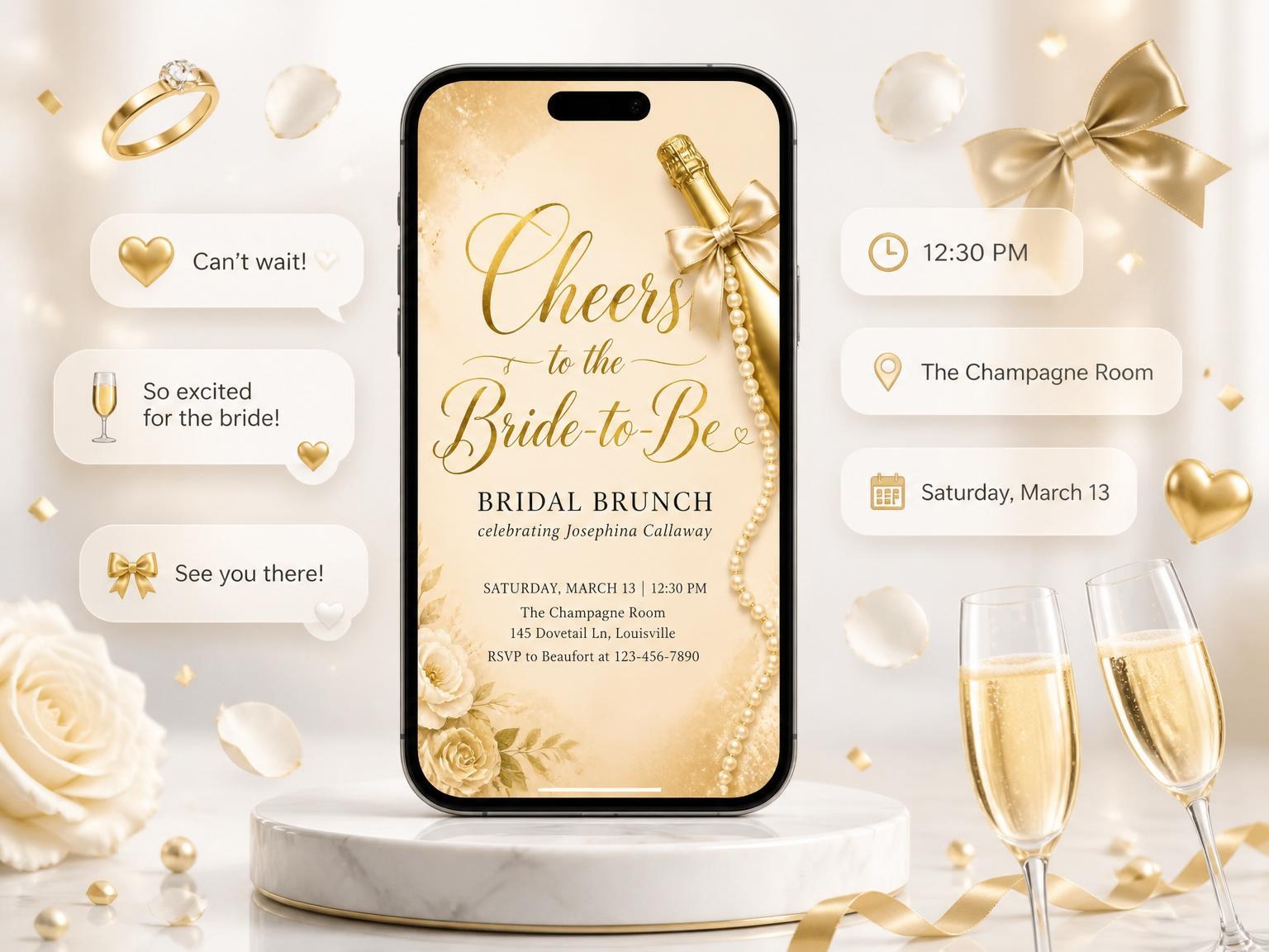 The Gold Foil Champagne Bridal Brunch invitation on a phone, with guest RSVPs arriving around it