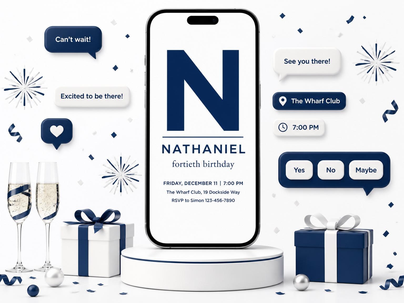 The Navy Initial 40th Birthday Invitation invitation on a phone, with guest RSVPs arriving around it