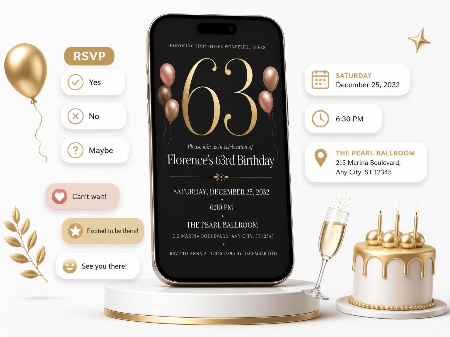 The Charcoal and Blush 63rd Birthday Invitation invitation on a phone, with guest RSVPs arriving around it