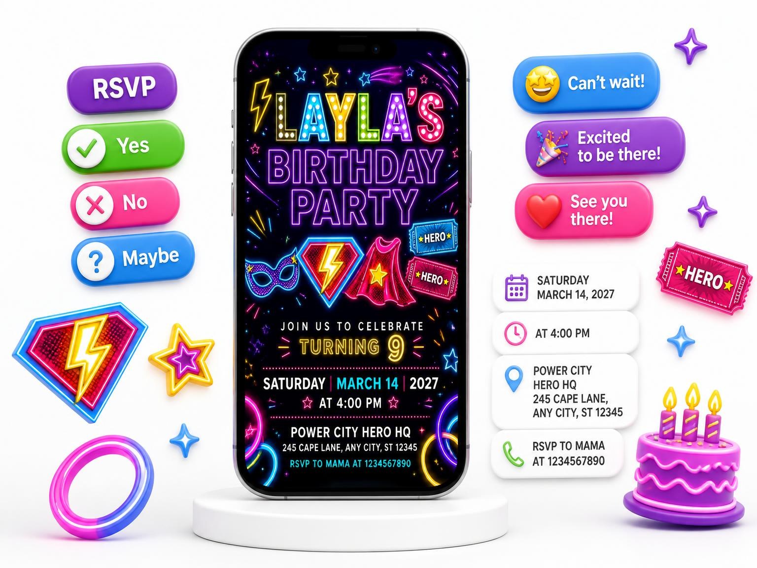 The Neon Superhero 9th Birthday Invitation invitation on a phone, with guest RSVPs arriving around it
