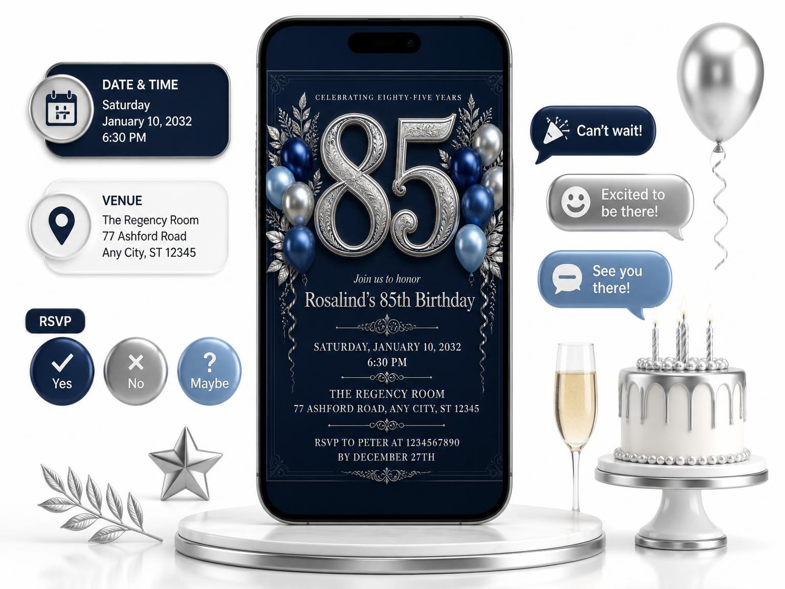 The Navy and Silver 85th Birthday Invitation invitation on a phone, with guest RSVPs arriving around it