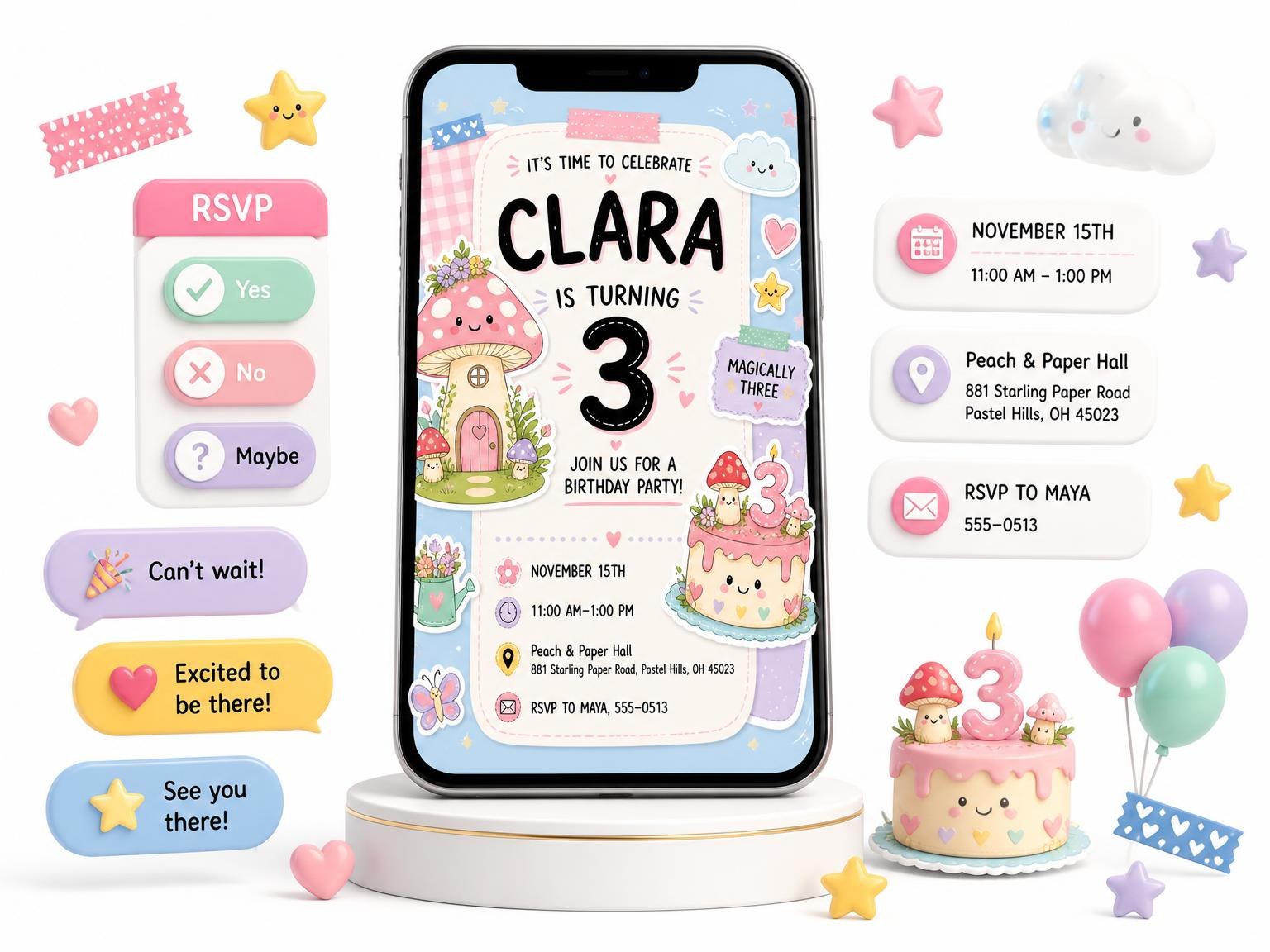 The Mushroom House Pastel 3rd Birthday Invitation invitation on a phone, with guest RSVPs arriving around it