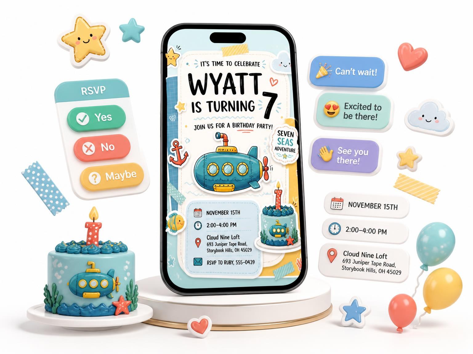 The Teal Submarine Pastel 7th Birthday Invitation invitation on a phone, with guest RSVPs arriving around it