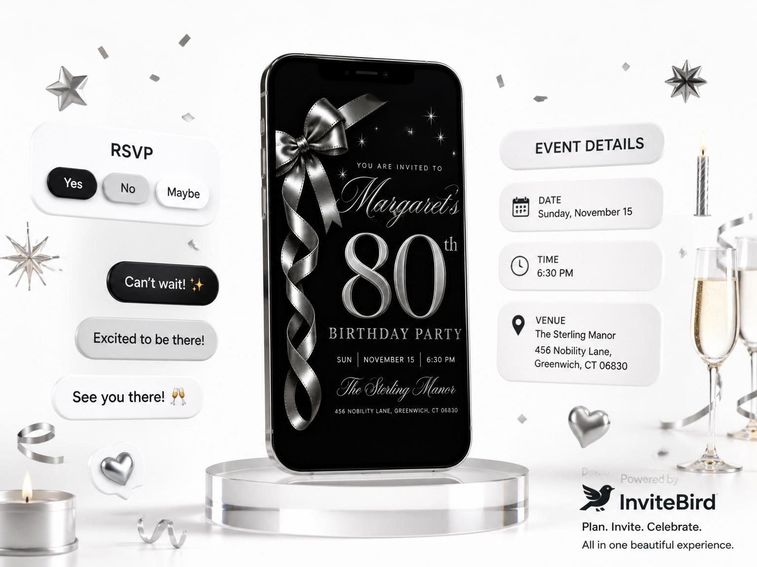 The Silver Ribbon 80th Birthday Invitation invitation on a phone, with guest RSVPs arriving around it