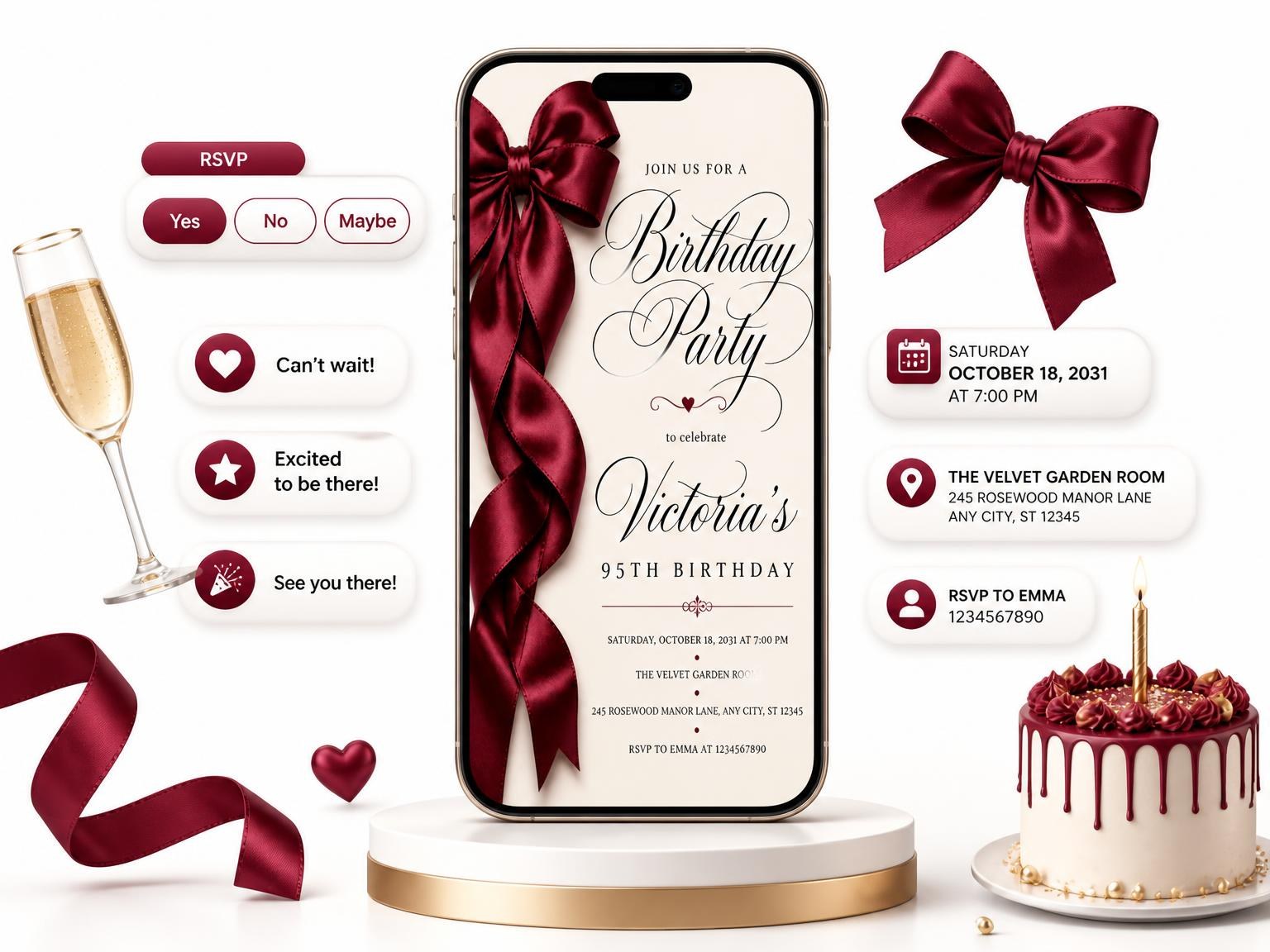 The Burgundy Satin Bow 95th Birthday Invitation invitation on a phone, with guest RSVPs arriving around it
