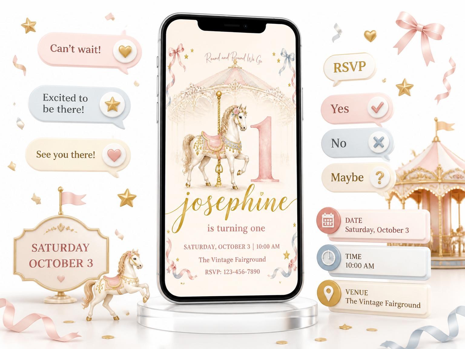 The Pastel Watercolor Carousel 1st Birthday invitation on a phone, with guest RSVPs arriving around it
