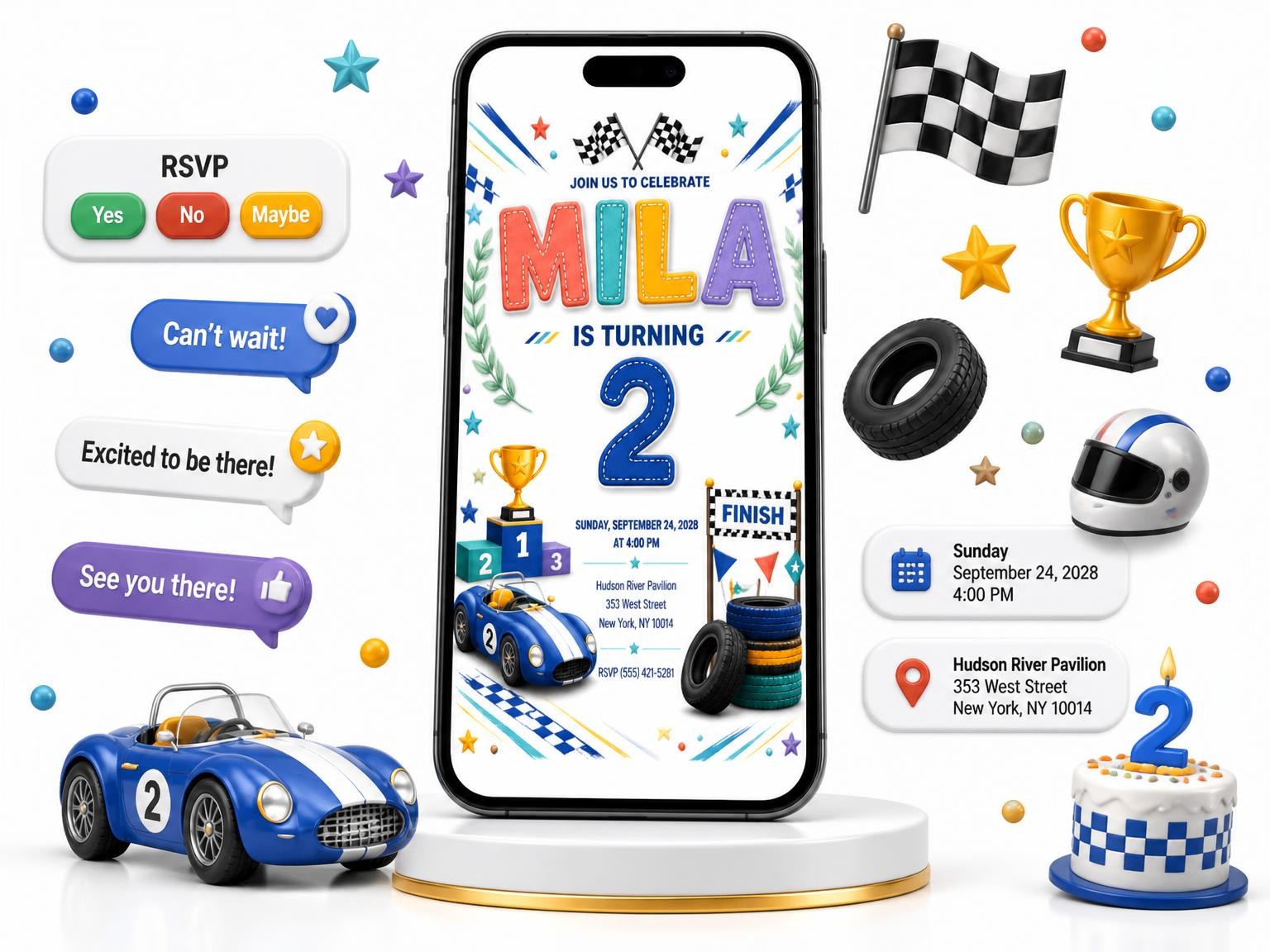 The Stitched Race Car 2nd Birthday Invitation invitation on a phone, with guest RSVPs arriving around it