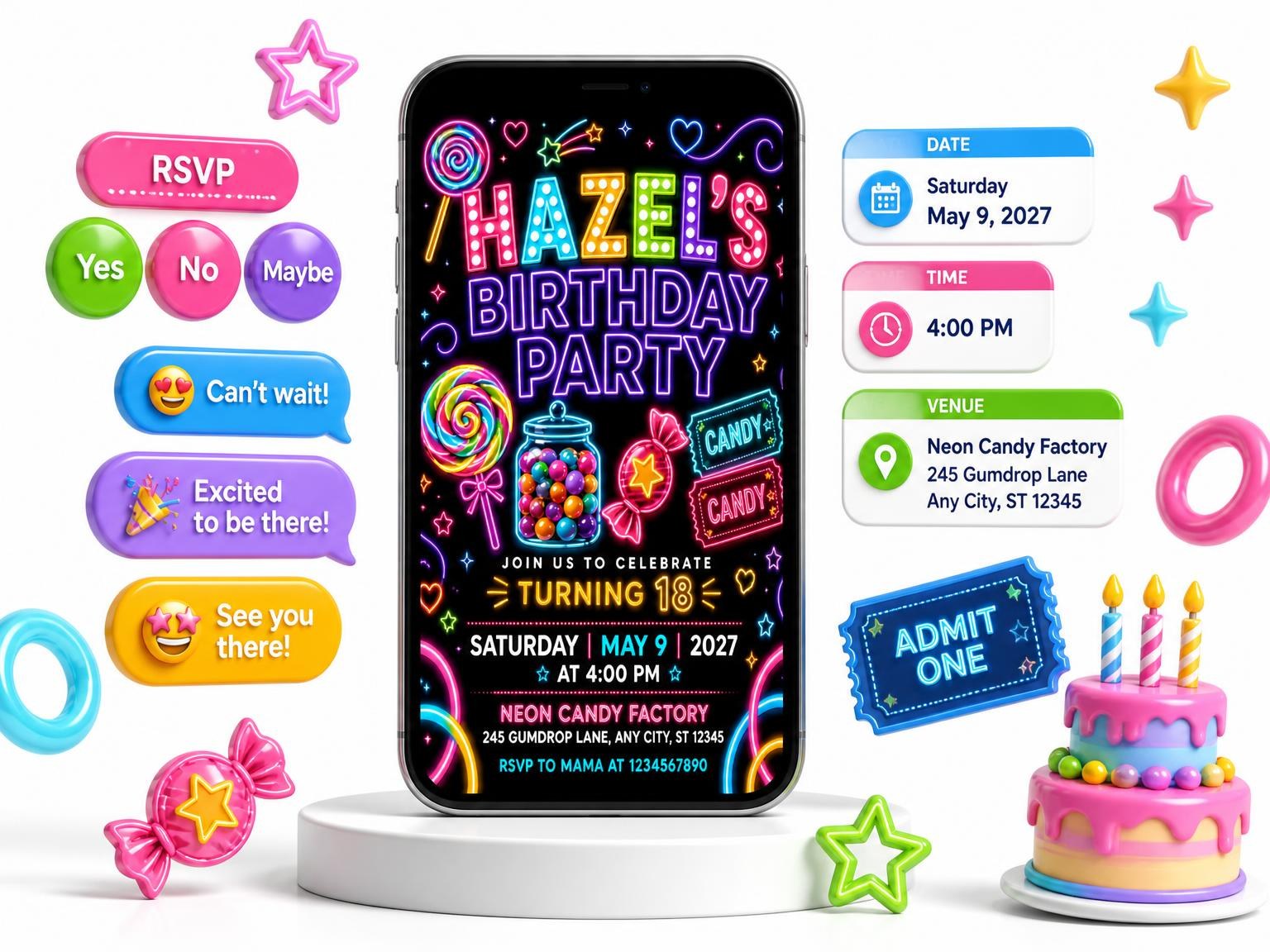 The Neon Candy 18th Birthday Invitation invitation on a phone, with guest RSVPs arriving around it