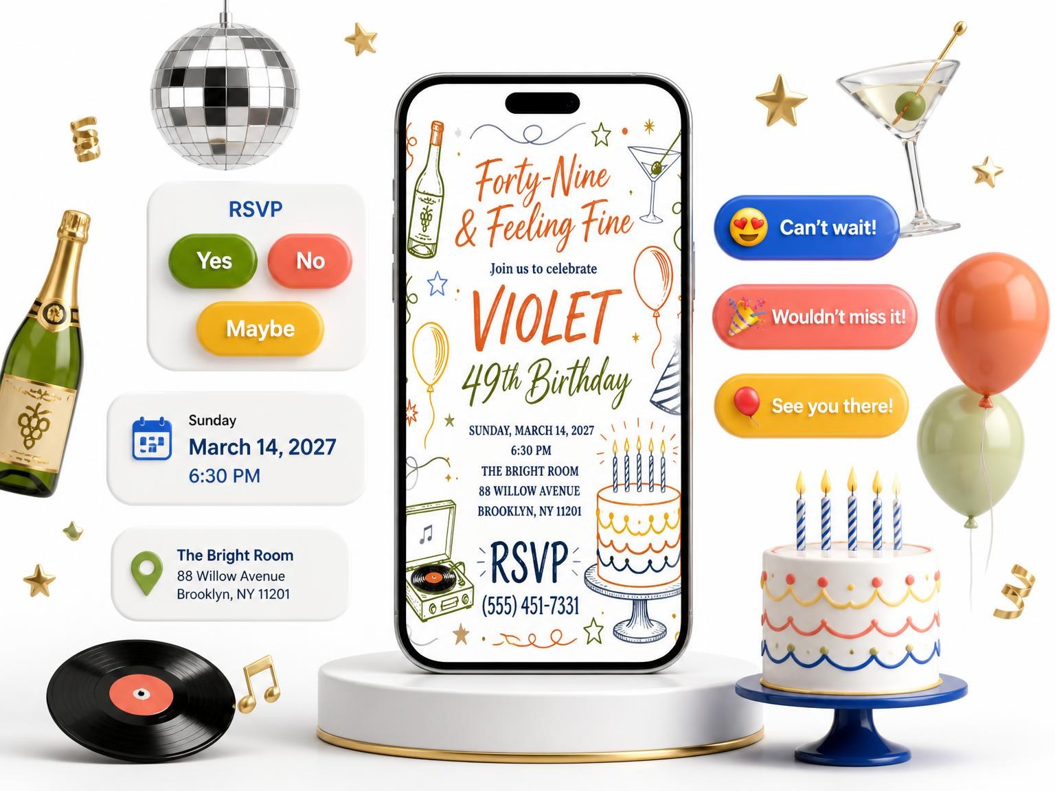 The Retro Doodle 49th Birthday Invitation invitation on a phone, with guest RSVPs arriving around it