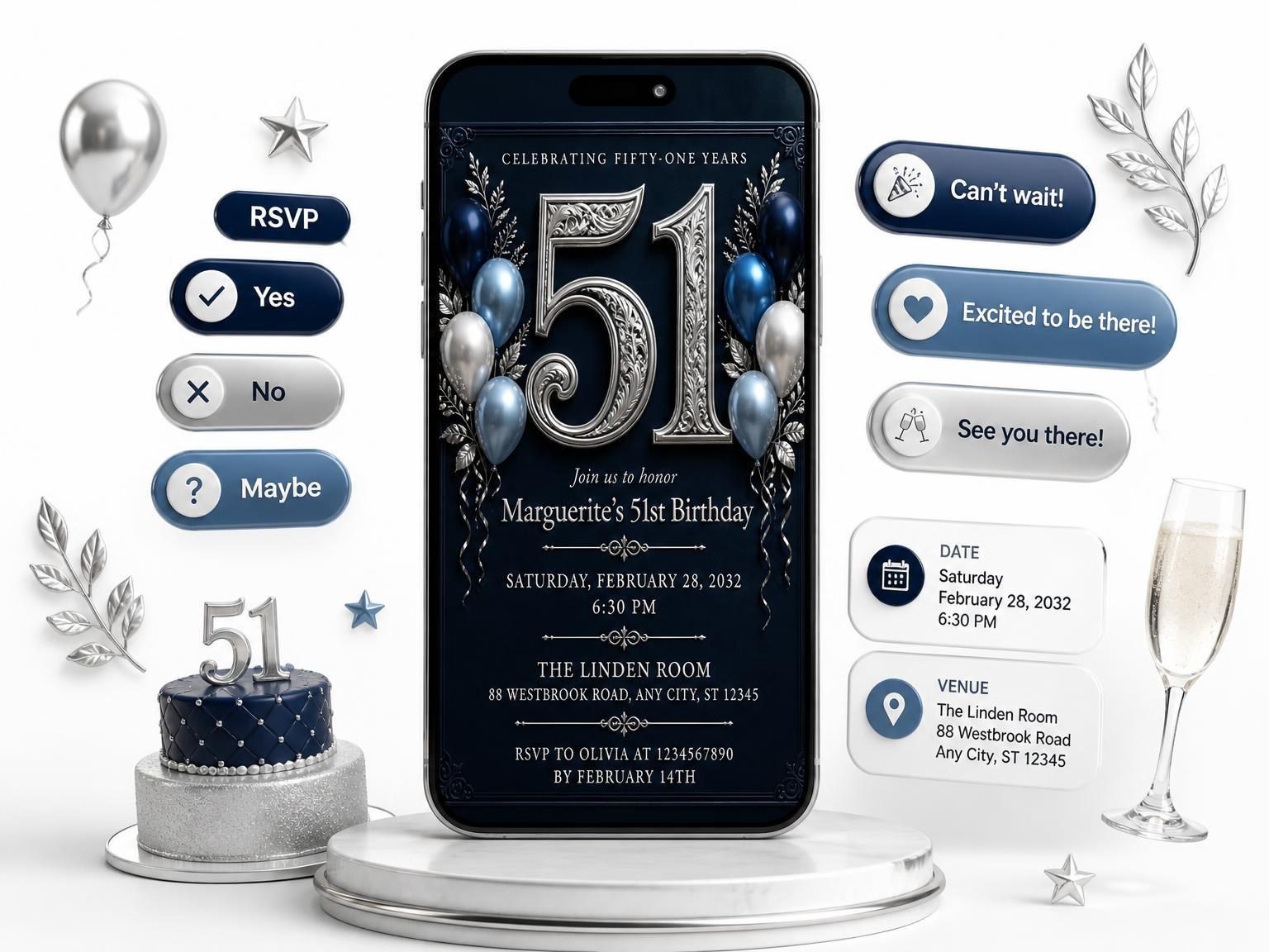The Navy and Silver 51st Birthday Invitation invitation on a phone, with guest RSVPs arriving around it