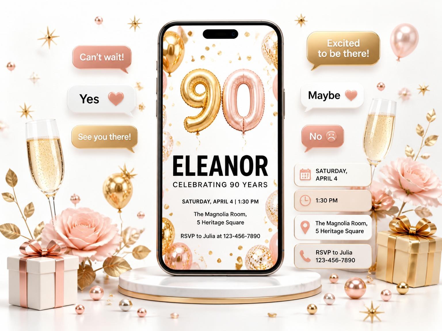The Gold Rose Balloon 90th Birthday invitation on a phone, with guest RSVPs arriving around it