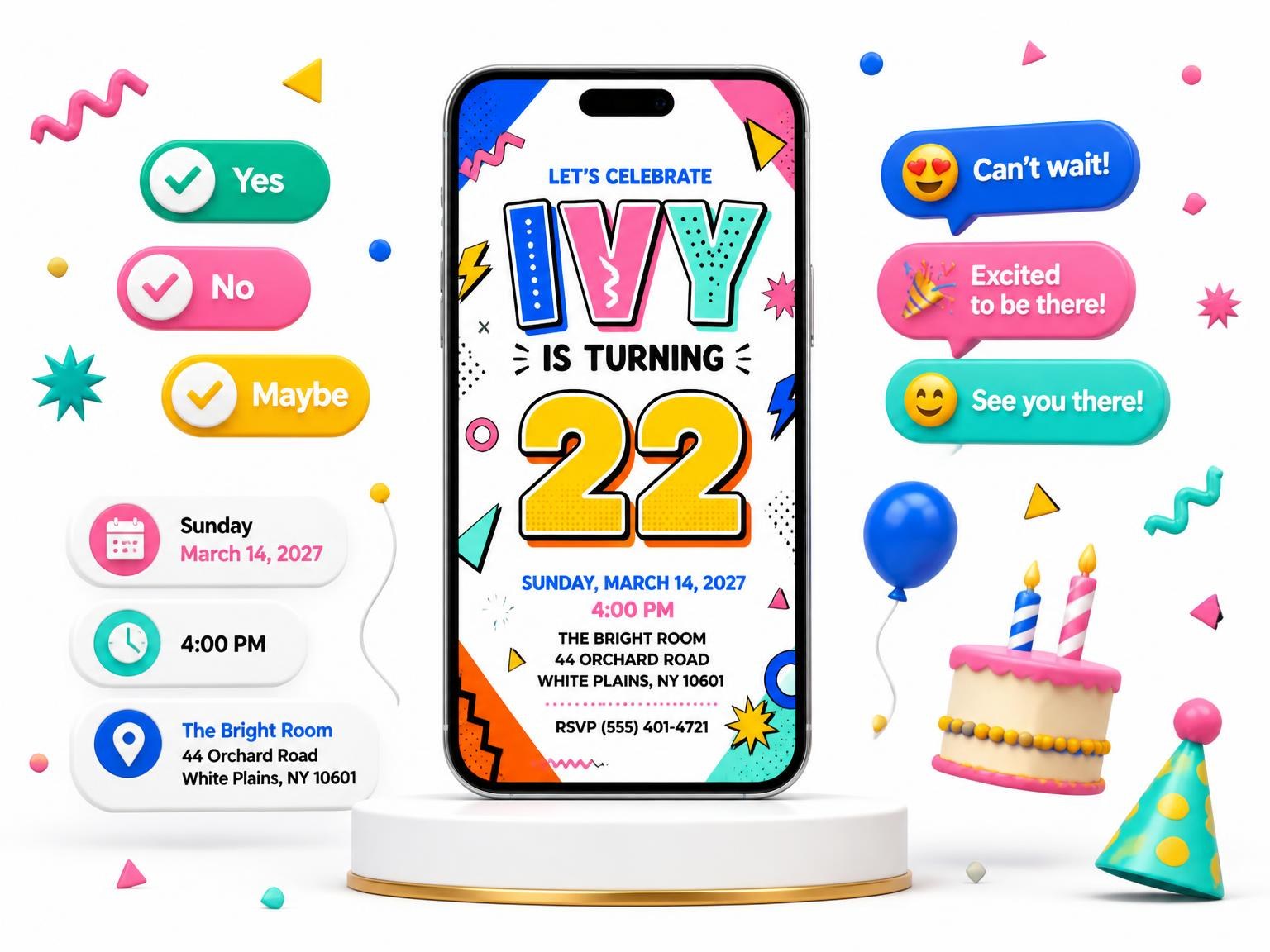 The Memphis Pop 22nd Birthday Invitation invitation on a phone, with guest RSVPs arriving around it