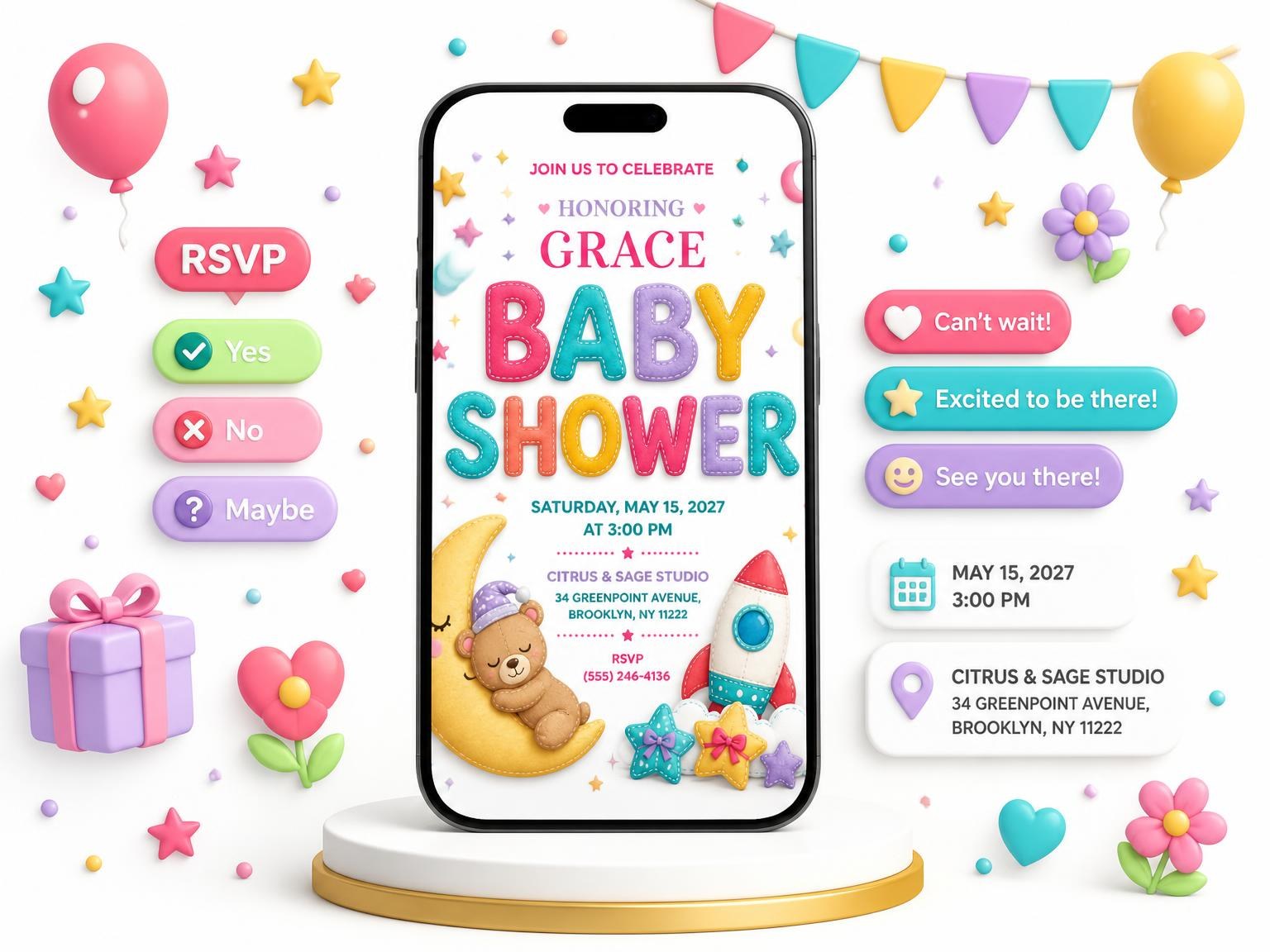 The Pink Space Baby Shower Invitation invitation on a phone, with guest RSVPs arriving around it
