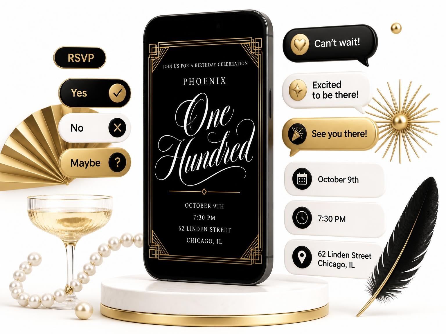 The Art Deco 100th Birthday Invitation invitation on a phone, with guest RSVPs arriving around it