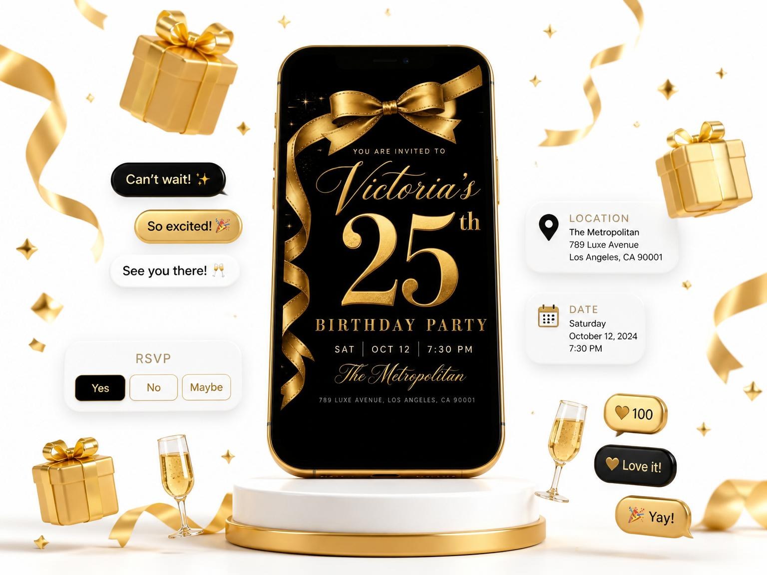 The Gold Satin Ribbon 25th Birthday invitation on a phone, with guest RSVPs arriving around it