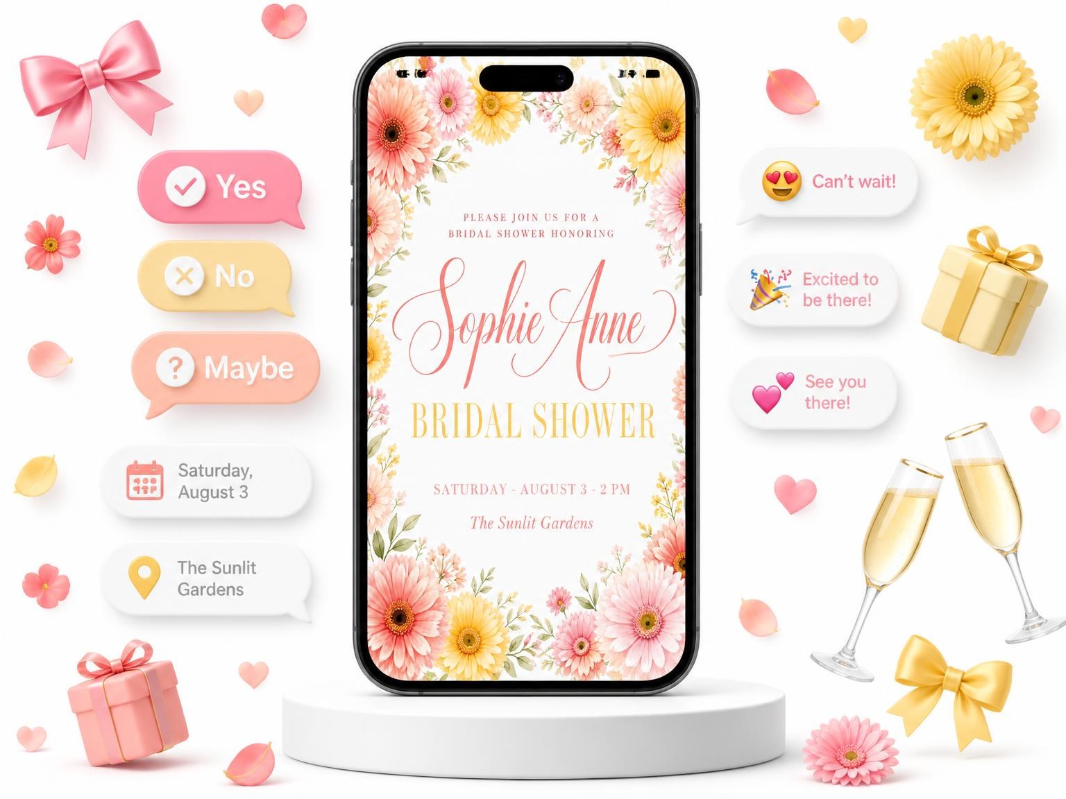 The Sunny Daisy Bridal Shower Invitation invitation on a phone, with guest RSVPs arriving around it