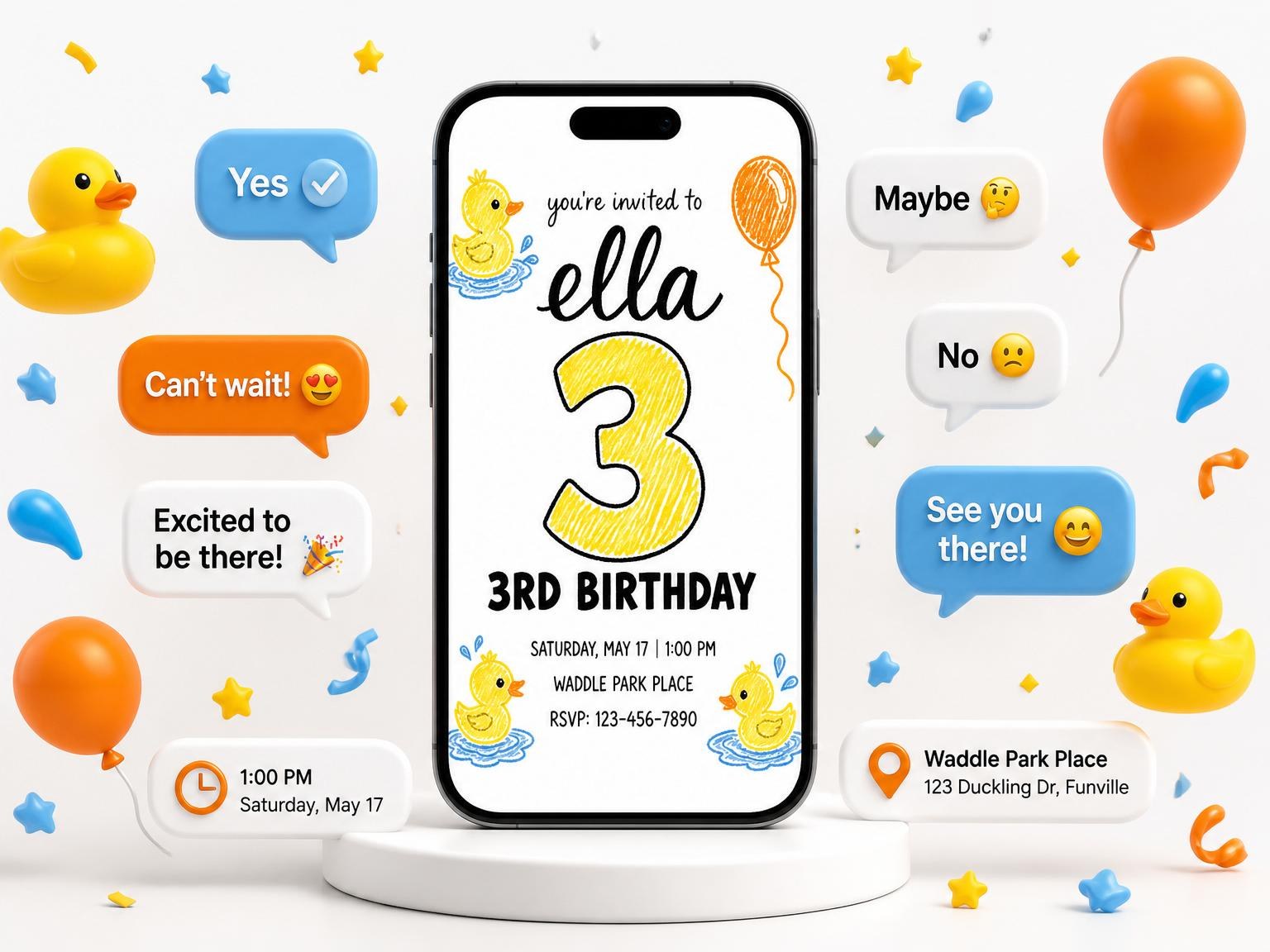 The Crayon Rubber Duck 3rd Birthday invitation on a phone, with guest RSVPs arriving around it