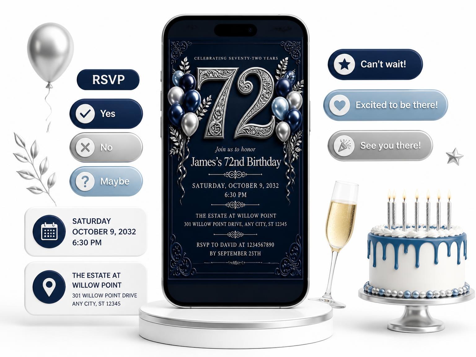 The Navy and Silver 72nd Birthday Invitation invitation on a phone, with guest RSVPs arriving around it