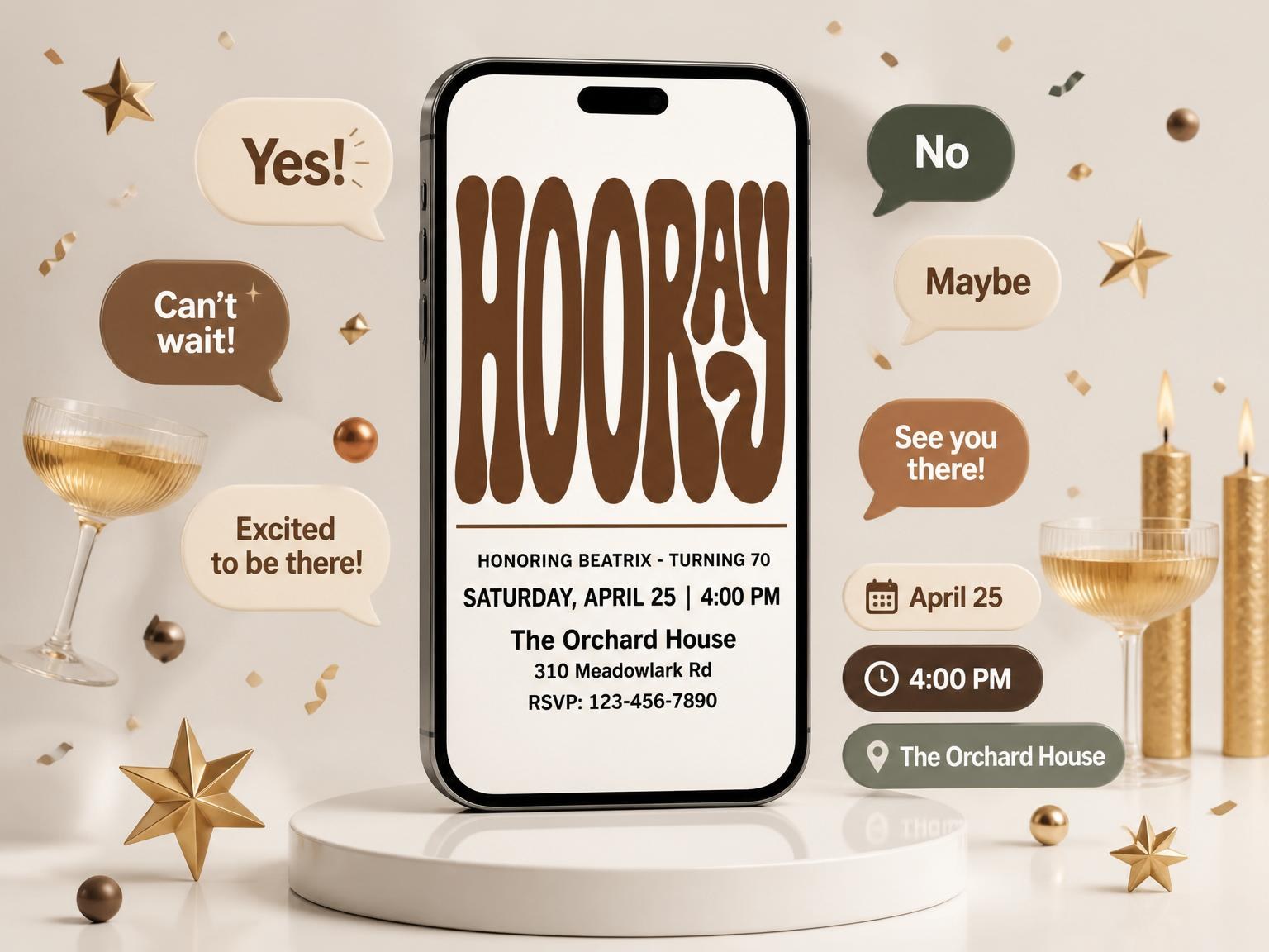 The Brown Bubble Typography 70th Birthday invitation on a phone, with guest RSVPs arriving around it