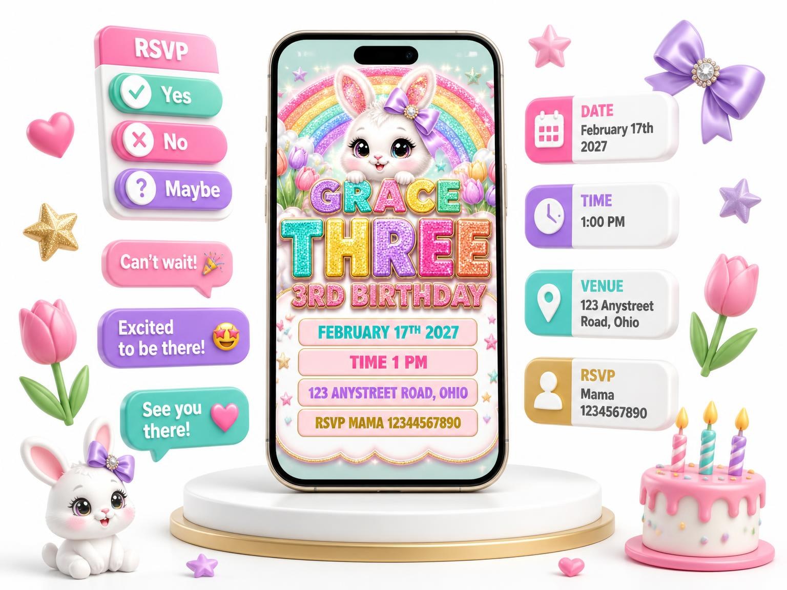The Glitter Sparkle Bunny 3rd Birthday Invitation invitation on a phone, with guest RSVPs arriving around it