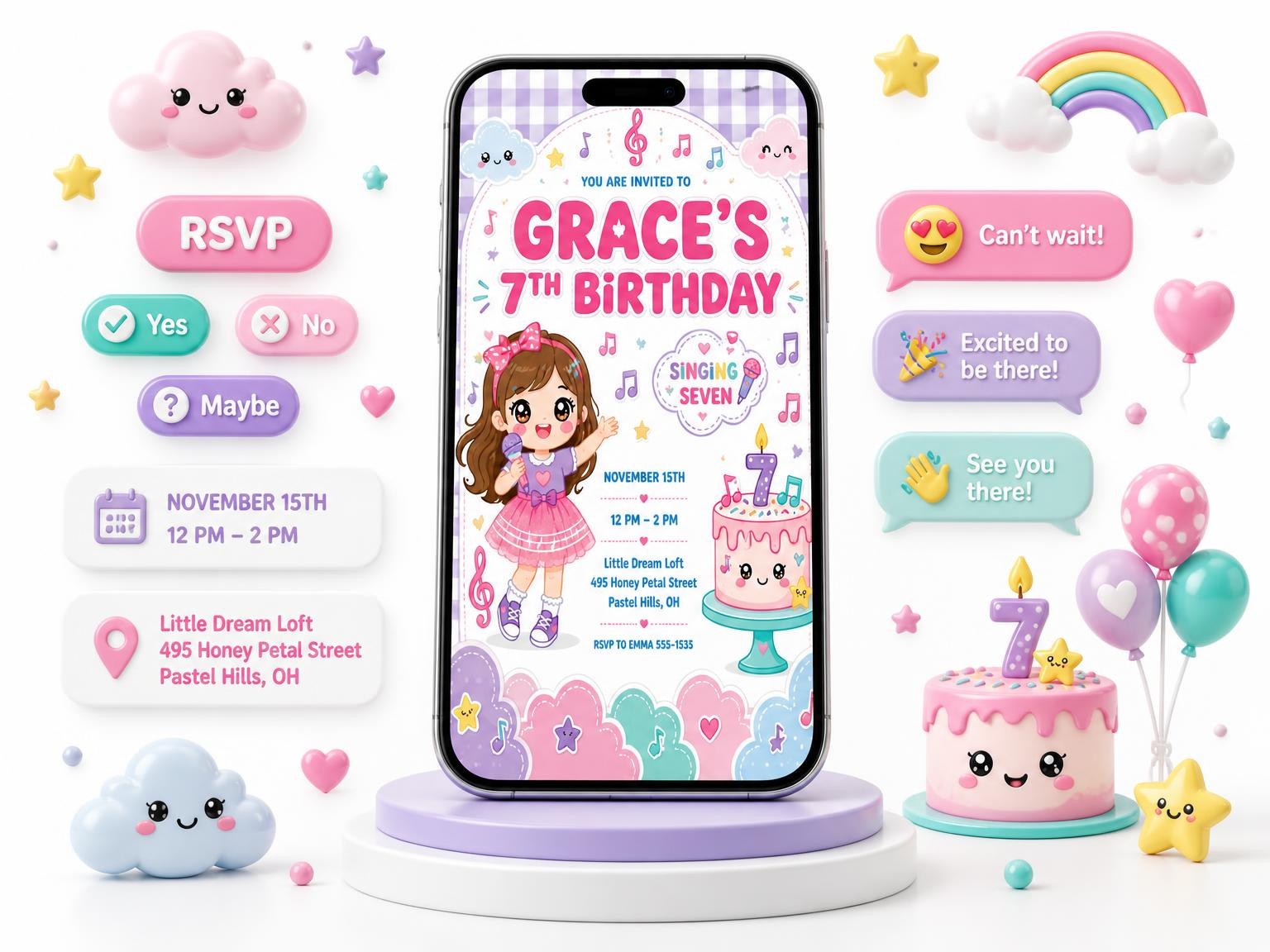 The Treble Clefs Kawaii 7th Birthday Invitation invitation on a phone, with guest RSVPs arriving around it