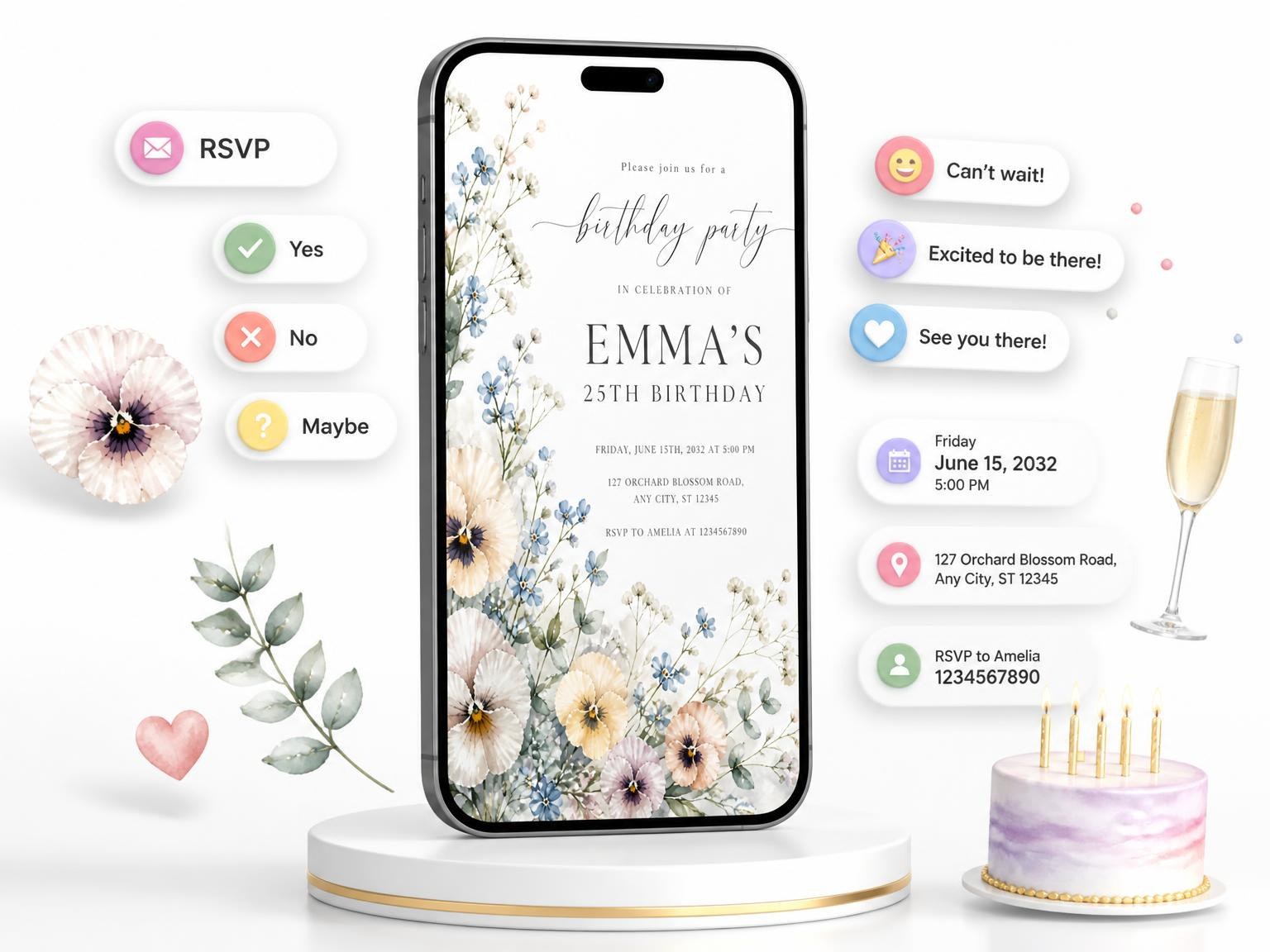 The Floral Ivory 25th Birthday Invitation invitation on a phone, with guest RSVPs arriving around it