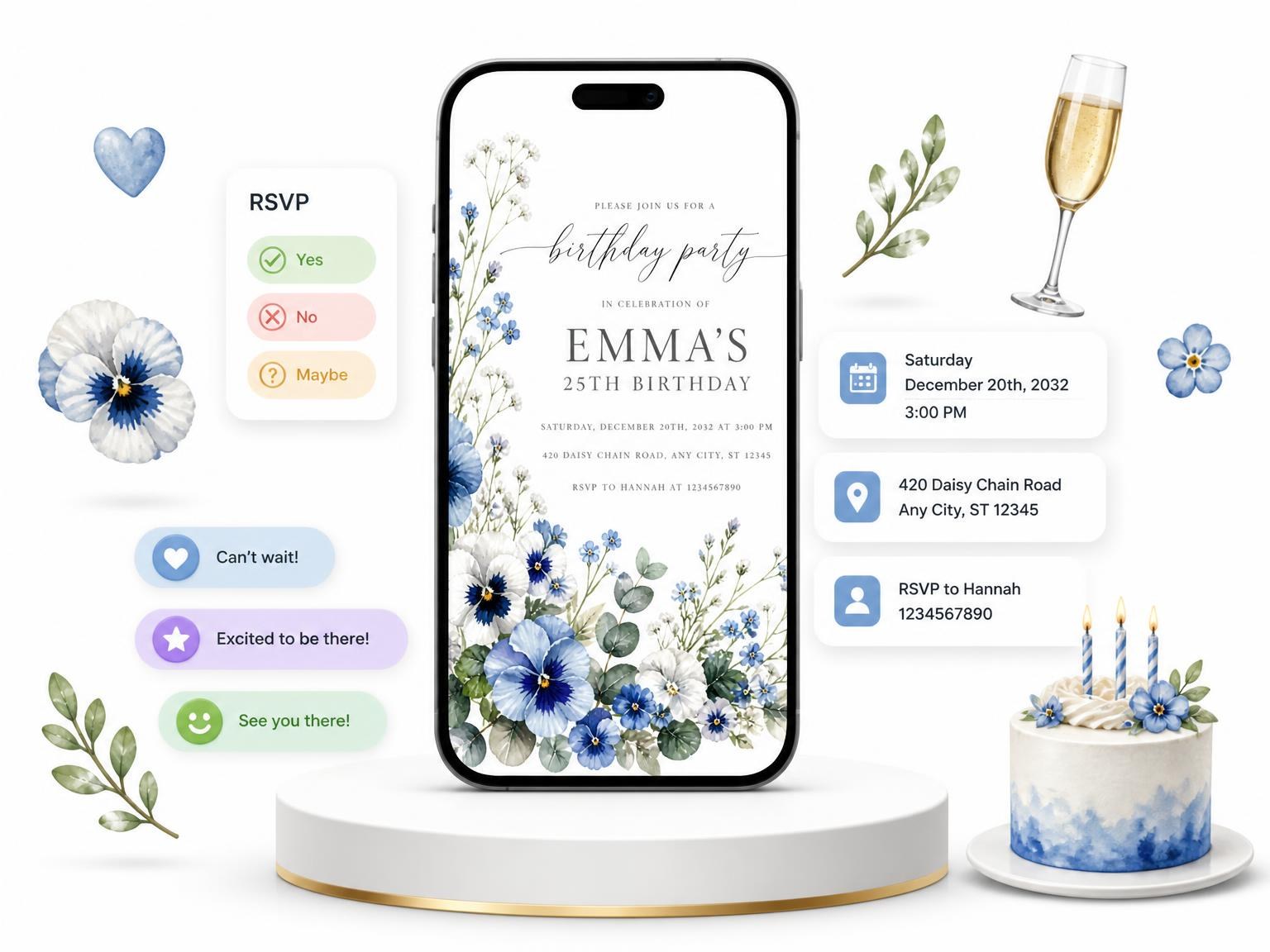 The Floral Dusty Blue 25th Birthday Invitation invitation on a phone, with guest RSVPs arriving around it