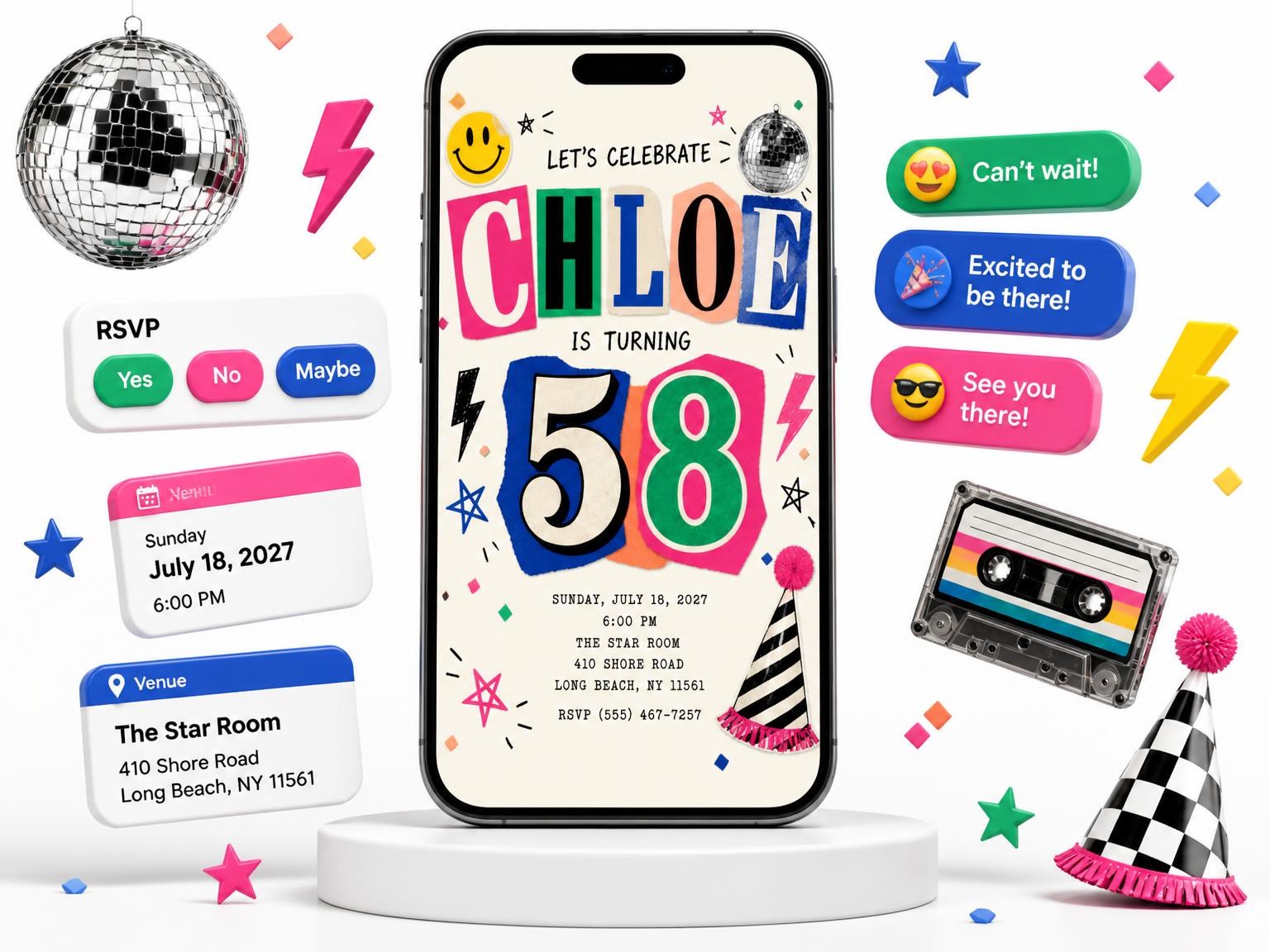 The Retro Paper Collage 58th Birthday Invitation invitation on a phone, with guest RSVPs arriving around it