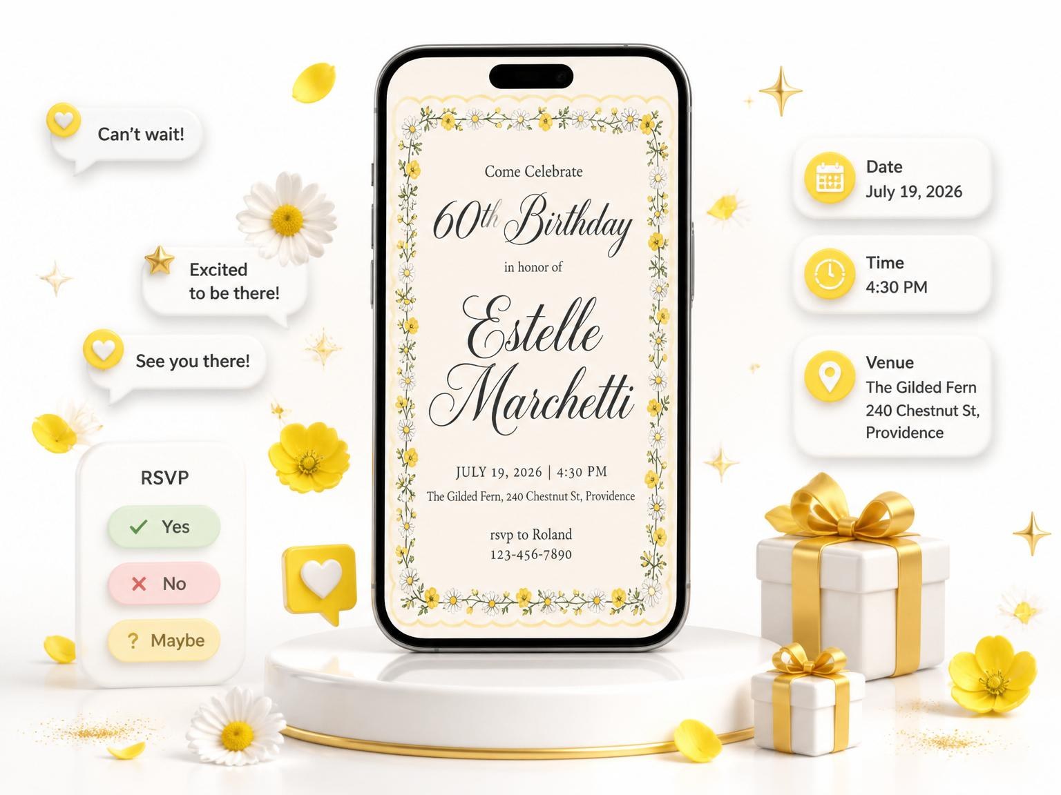 The Cream Wildflower Buttercup 60th Birthday invitation on a phone, with guest RSVPs arriving around it