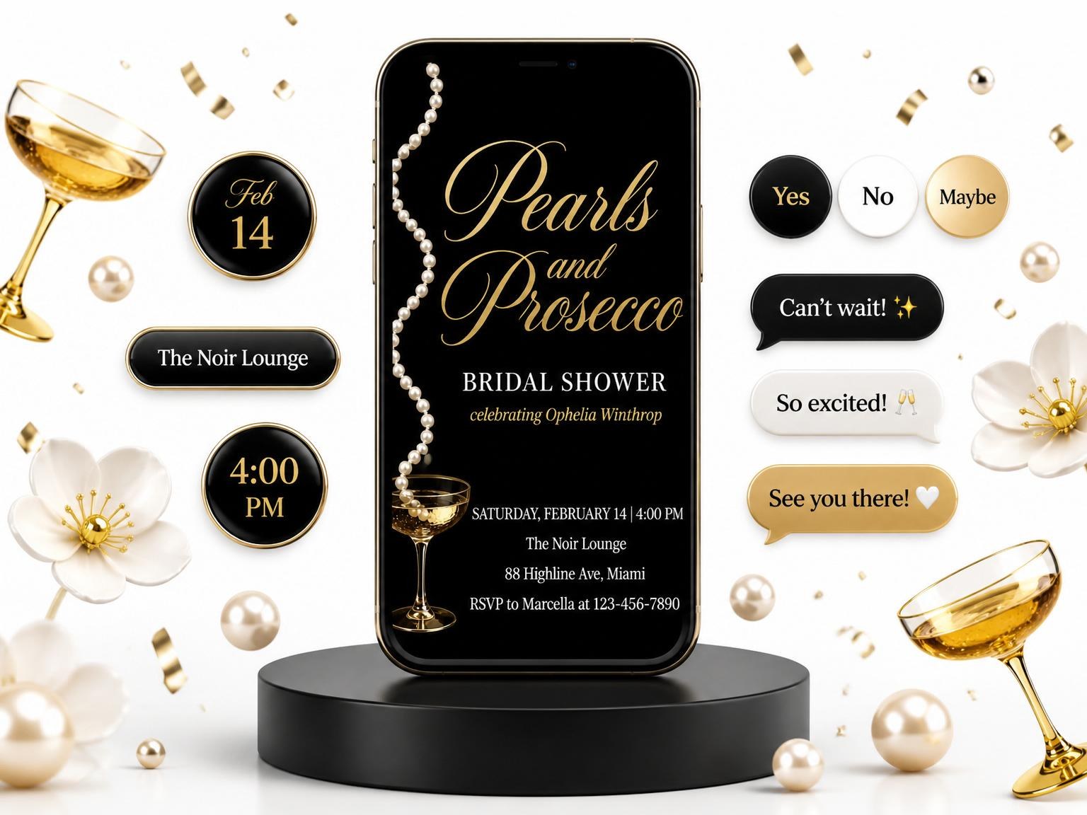 The Gold Pearl Champagne Bridal Shower invitation on a phone, with guest RSVPs arriving around it