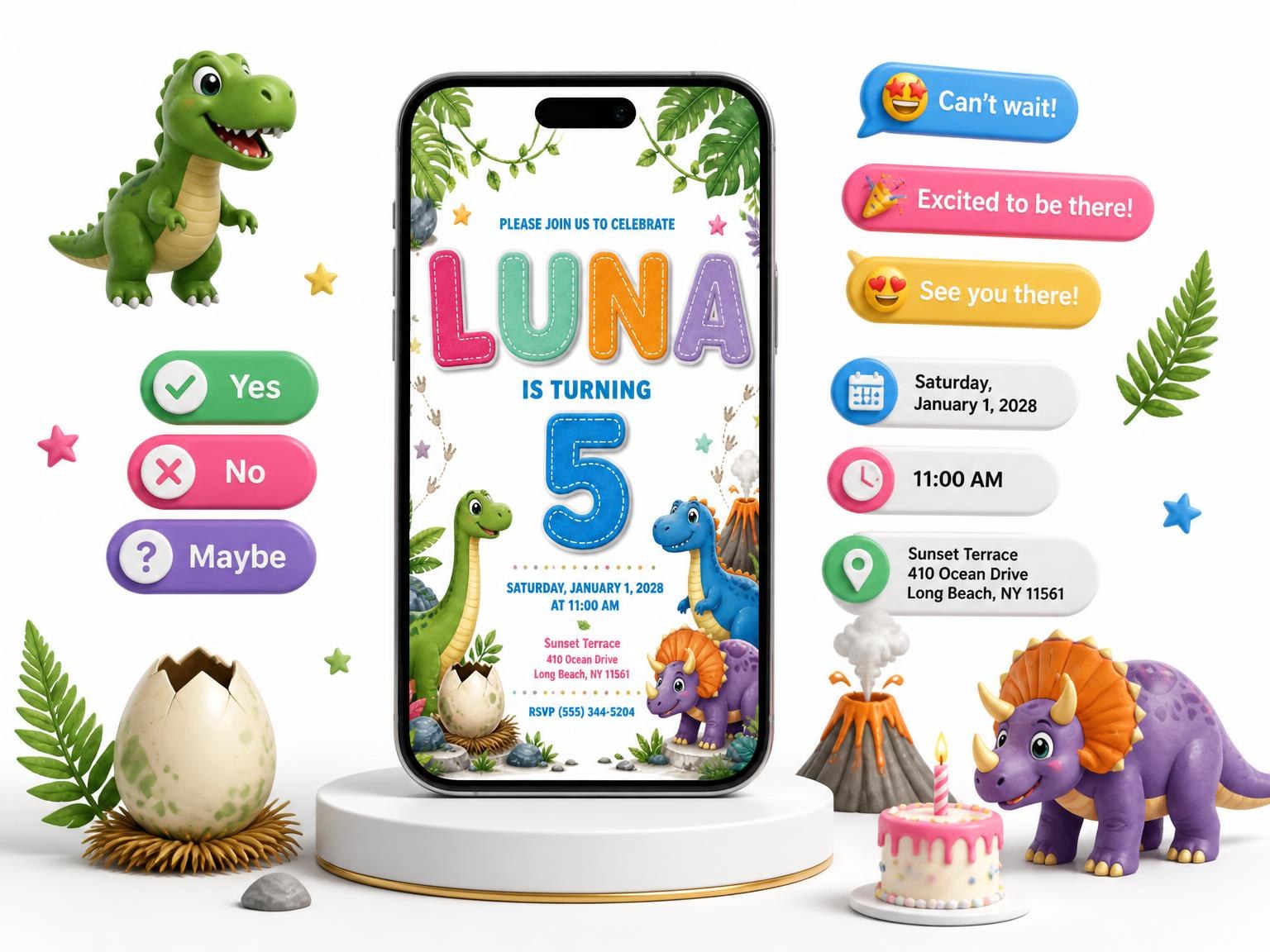 The Stitched Dinosaur 5th Birthday Invitation invitation on a phone, with guest RSVPs arriving around it