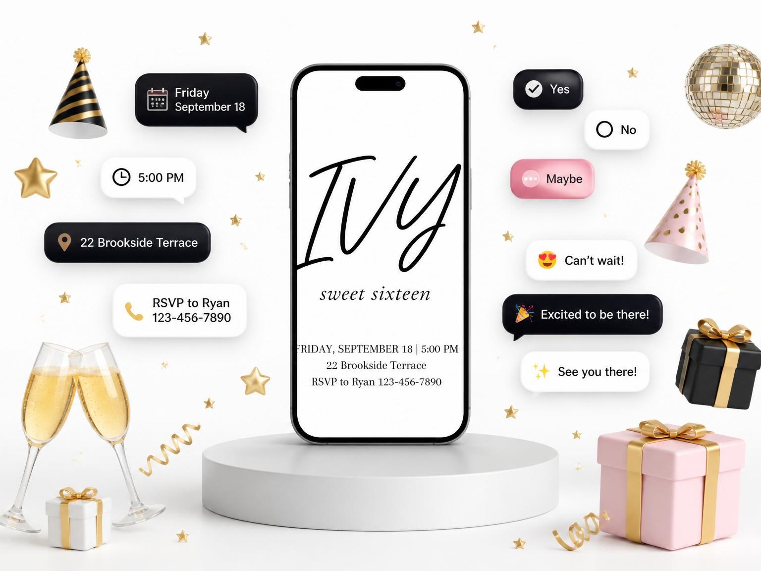 The Minimalist Black and White Sweet Sixteen invitation on a phone, with guest RSVPs arriving around it