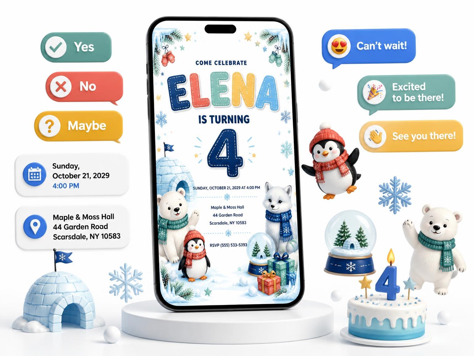 The Stitched Winter Polar 4th Birthday Invitation invitation on a phone, with guest RSVPs arriving around it