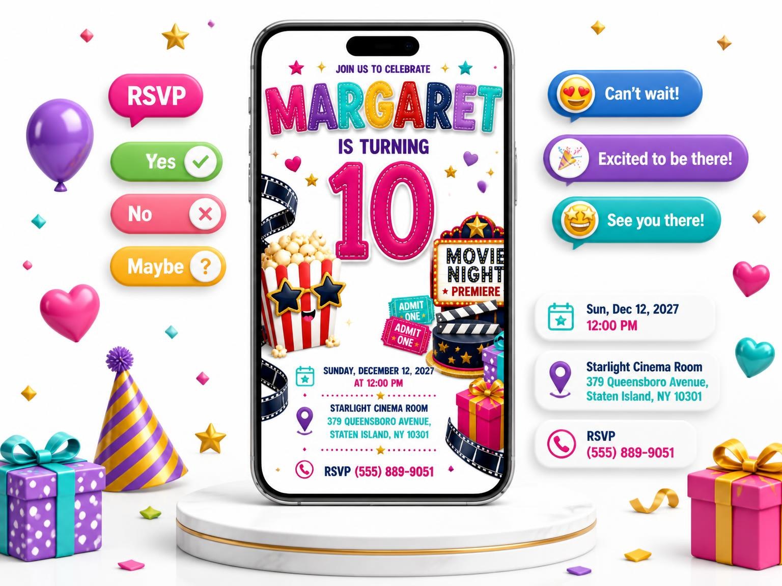 The Marquee Lightbox 10th Birthday Invitation invitation on a phone, with guest RSVPs arriving around it
