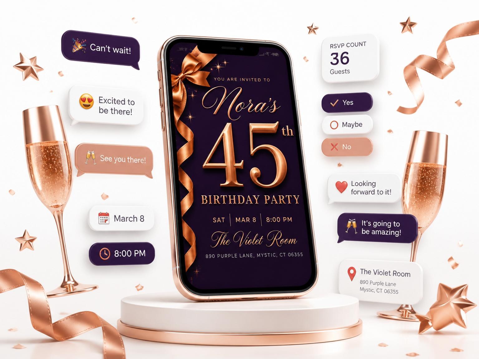 The Copper Ribbon Deep Violet Birthday invitation on a phone, with guest RSVPs arriving around it