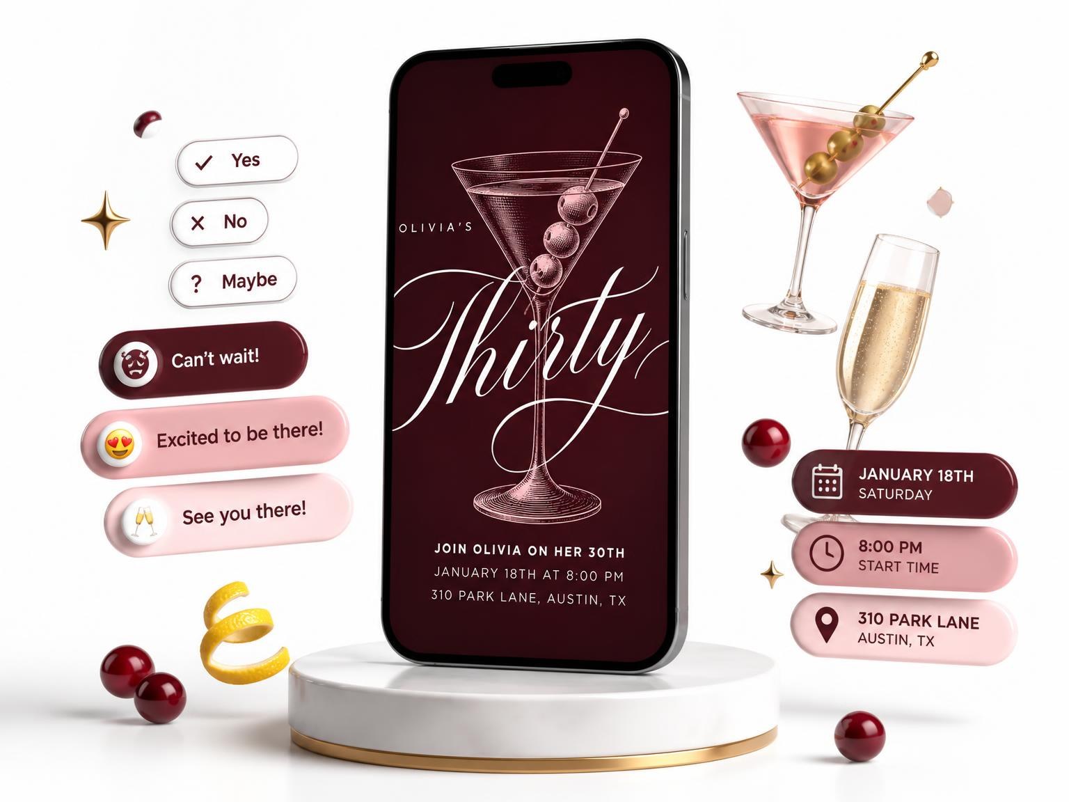 The Burgundy Cocktail 30th Birthday Invitation invitation on a phone, with guest RSVPs arriving around it