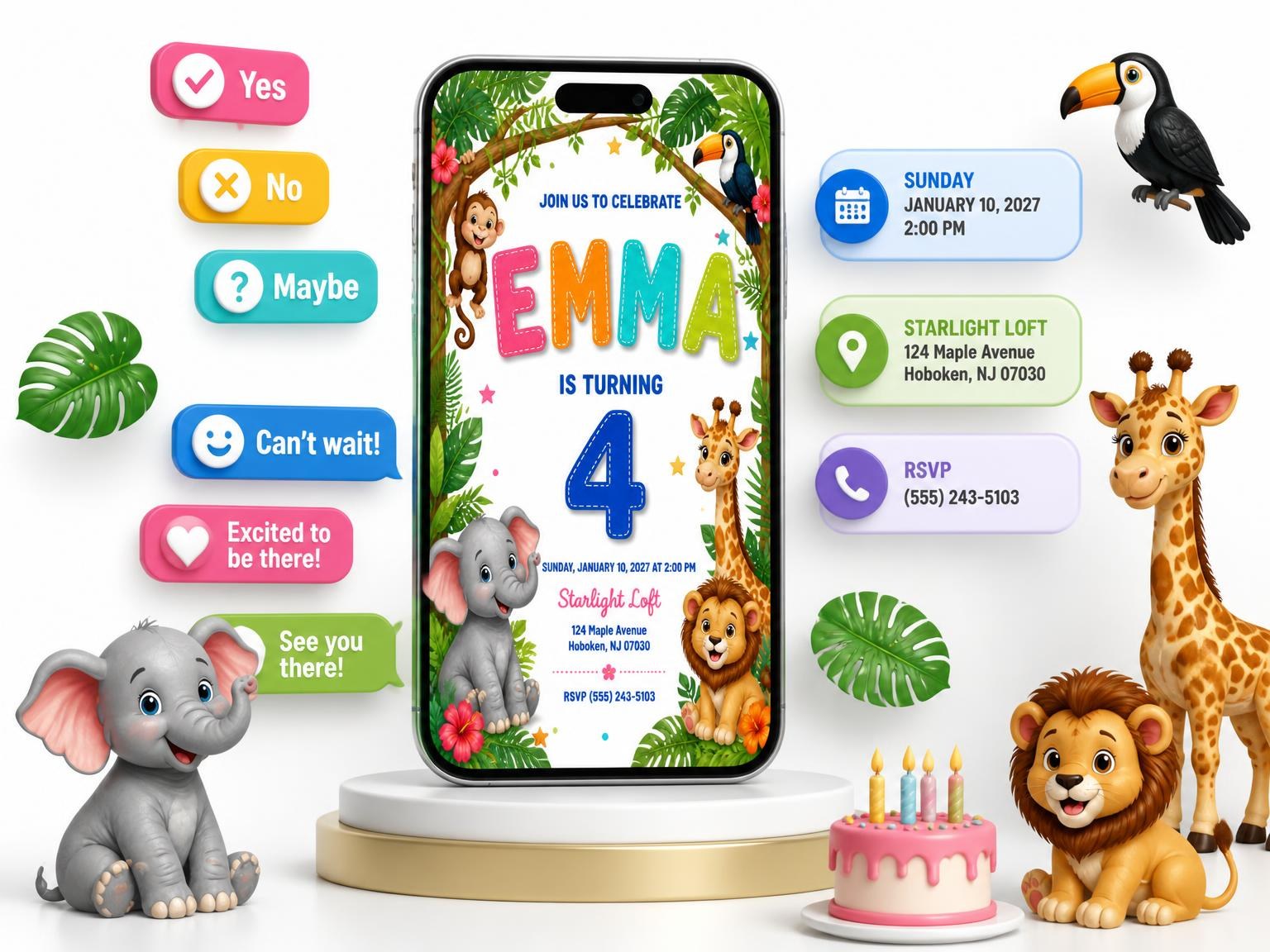 The Stitched Safari 4th Birthday Invitation invitation on a phone, with guest RSVPs arriving around it